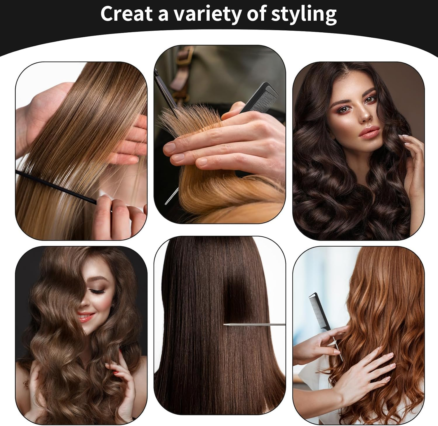 Rat Tail Parting Fine Tooth Comb, 8Pcs Metal Rat Tail Fine Tooth Parting Combs with Stainless Steel Pintail,Stainless Steel Pintail and Heat Resistant Carbon Fiber Teasing Parting Hair Comb for Women image number 2