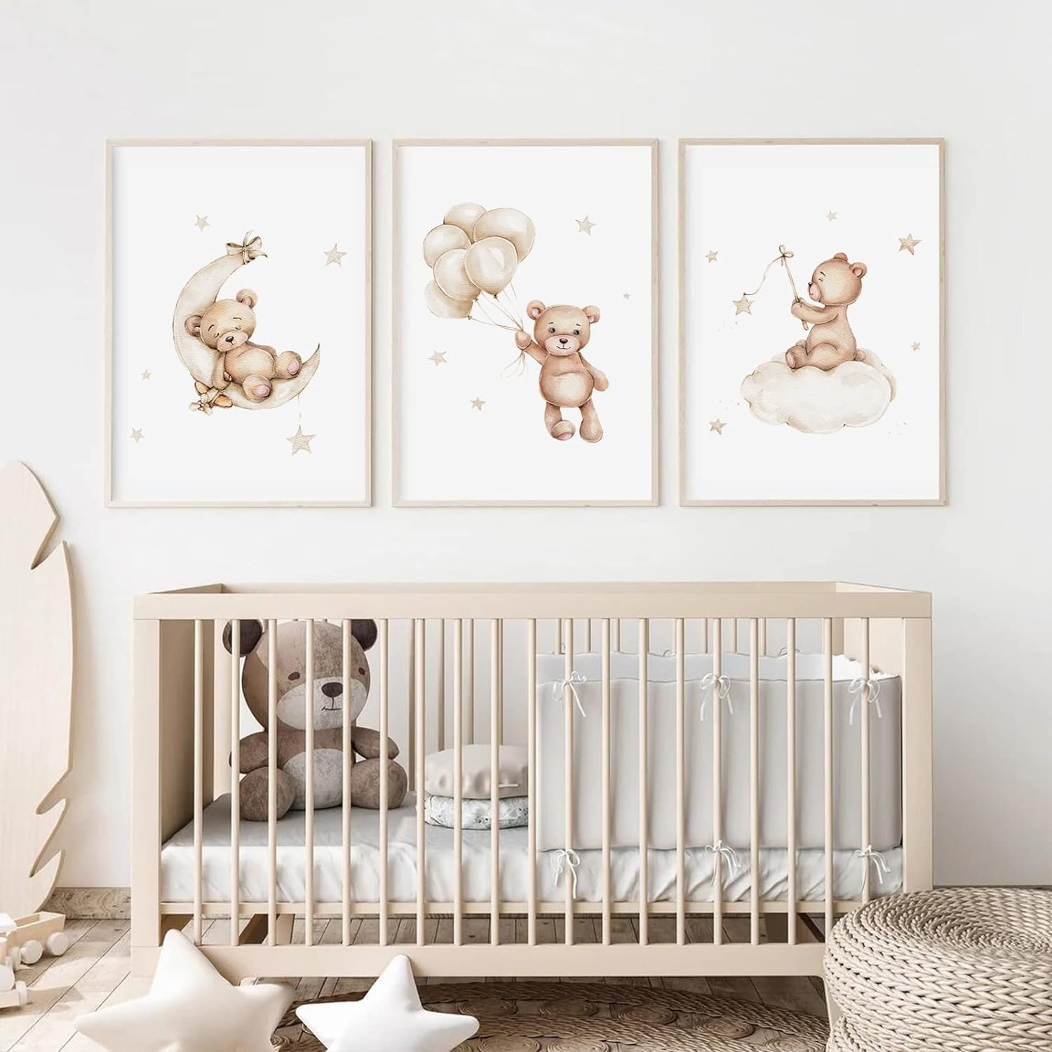 Bear Canvas Wall Art Set of 3 Teddy Bear Prints - Baby Boy & Girl Nursery Pictures - Moon Star Cloud Neutral Theme - 12X16 Inch Unframed image number 3