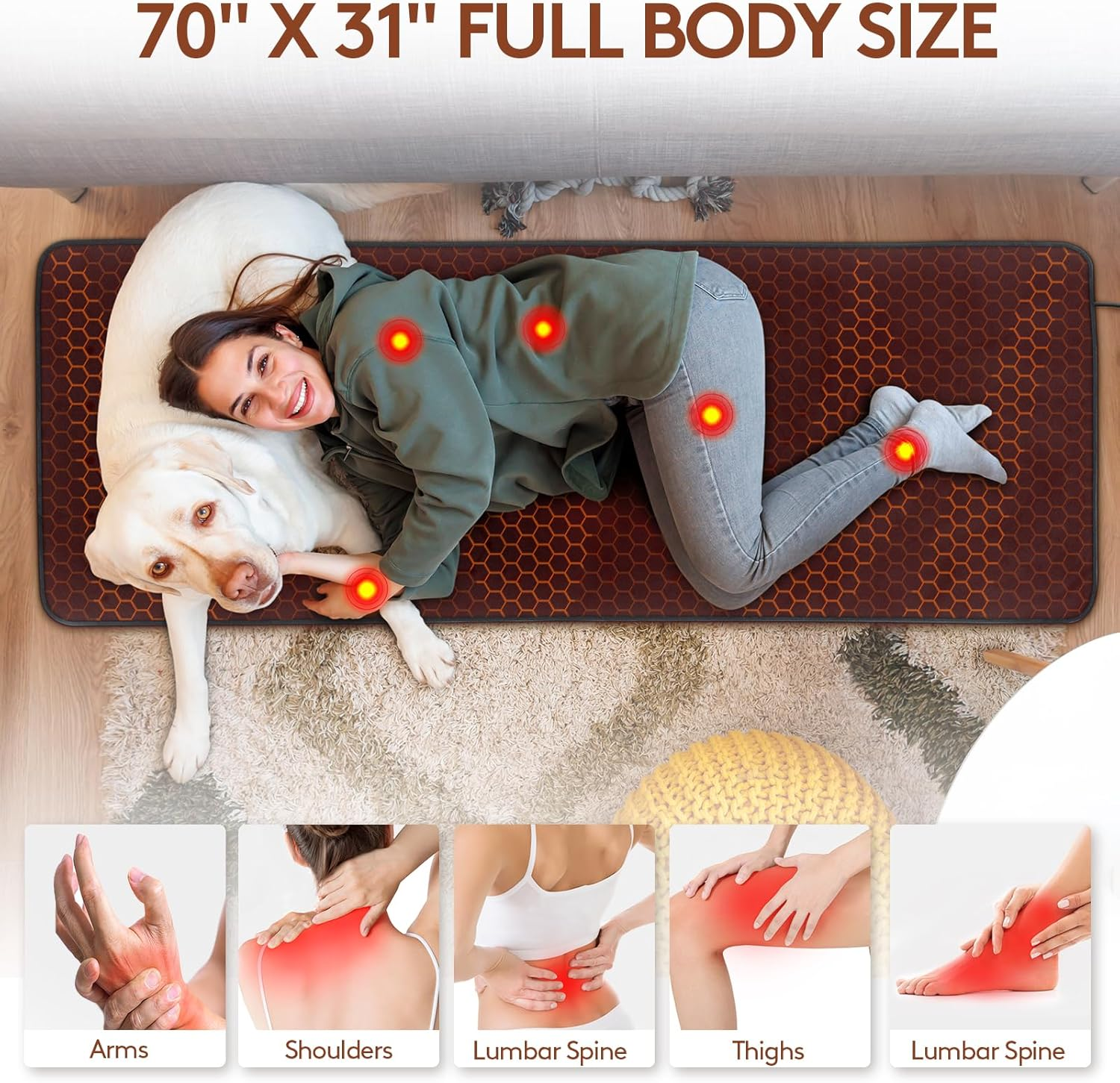 UTK Full Body Size Infrared Heating Pad, 5X Deeper Relaxation for Back, Abdomen, Thigh, 70" X 31" Ultra Soft Far Infrared Heating Mat, EMF Free, Smart Controller with Memory Function, Super Large Size image number 5