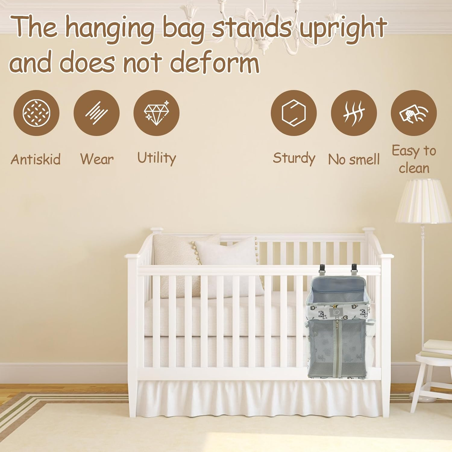 Baby Crib Hanging Caddy Organizer, Multi Pocket Baby Diaper Hanging Bag, Nappy Stack Organizer, Machine Washable for Wipes Nursery (White Animal) - White Animal image number 5