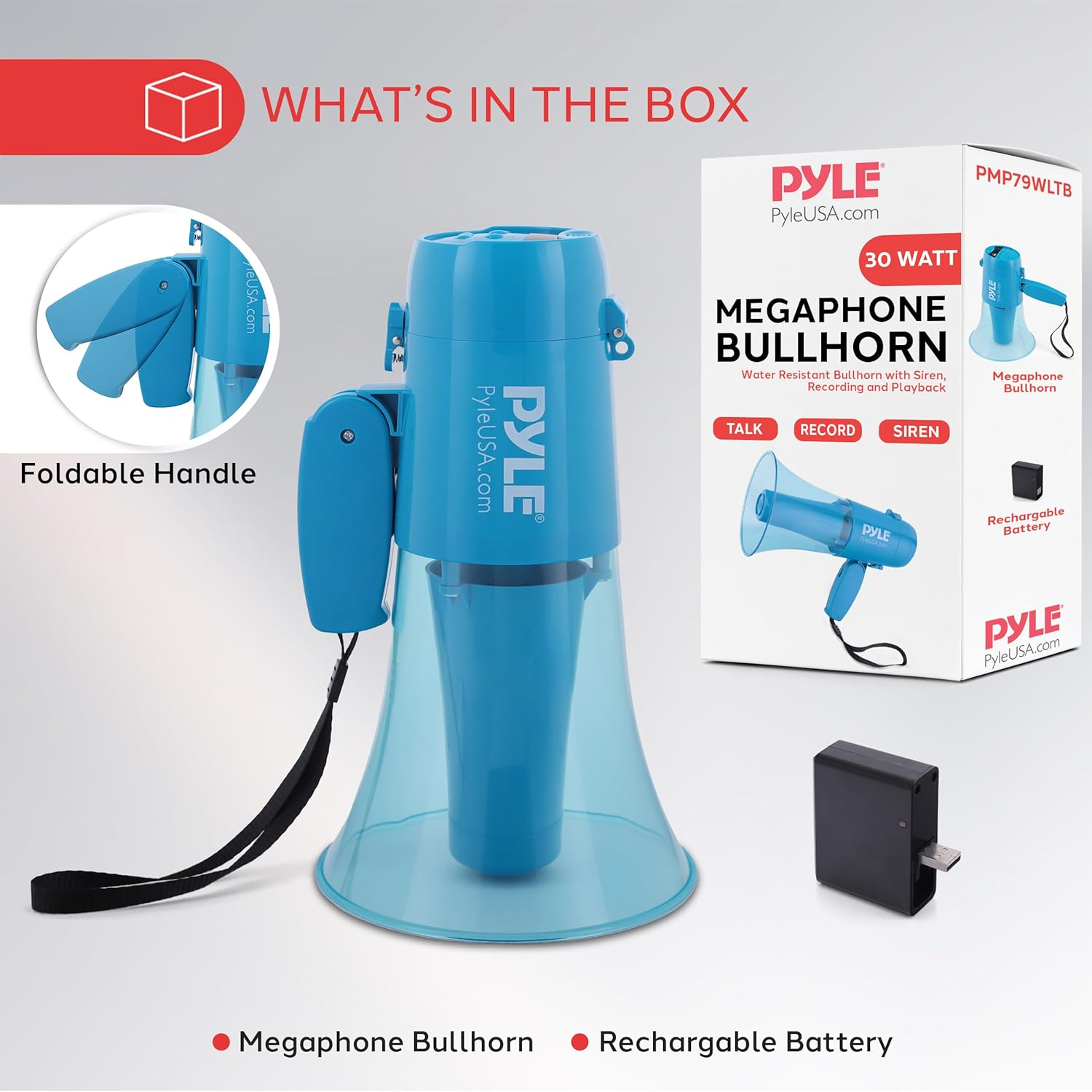 Pyle 30W Megaphone Siren Bullhorn Speaker, Rechargable, Portable and Lightweight Automatic Bullhorn for Indoor & Outdoor Use, 500 Square Yards Projection Range, Used as Siren/Music (Transparent Blue) image number 5