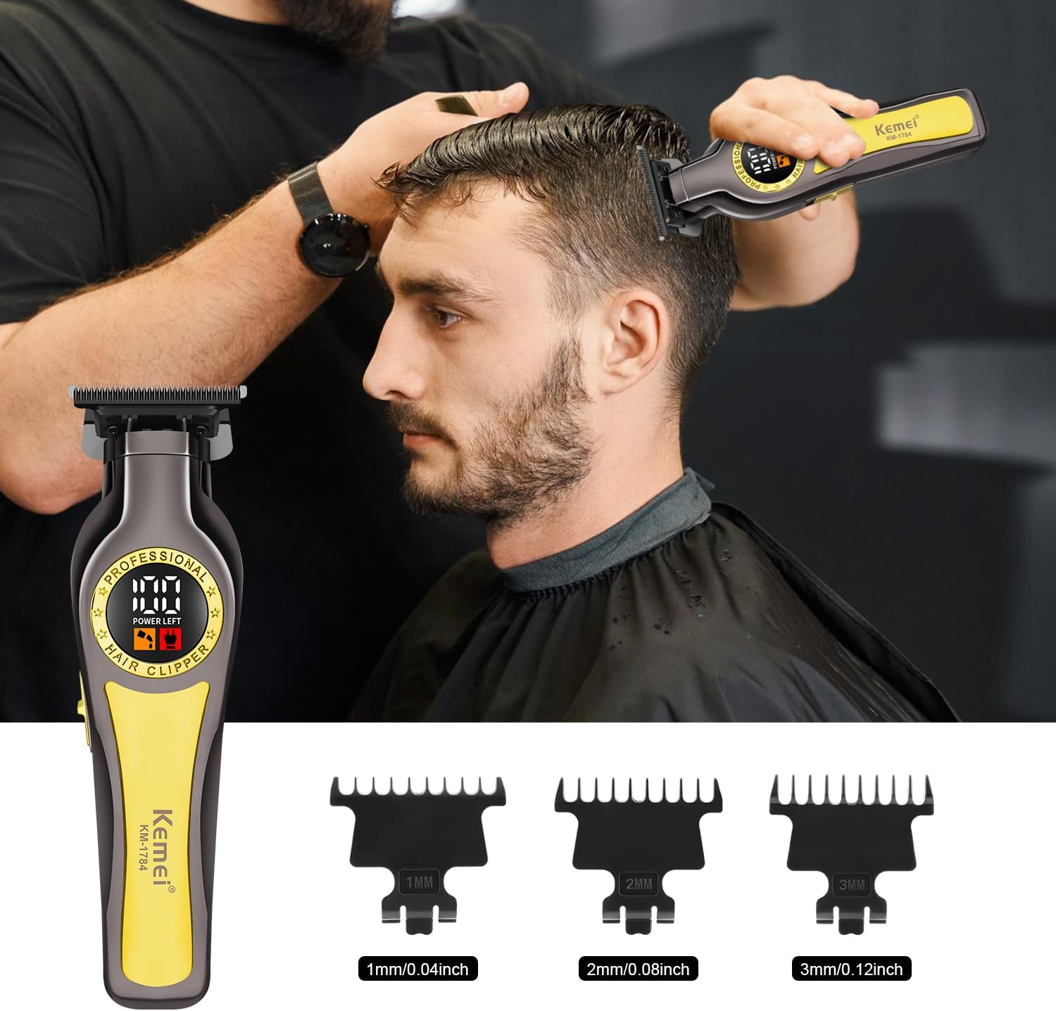 KEMEI 1784 Professional Hair Trimmer for Men, Wireless Electric Beard Trimmer, Zero Gapped T-Blade Hair Trimmer with LED Indicator and 3 Guide Combs image number 3
