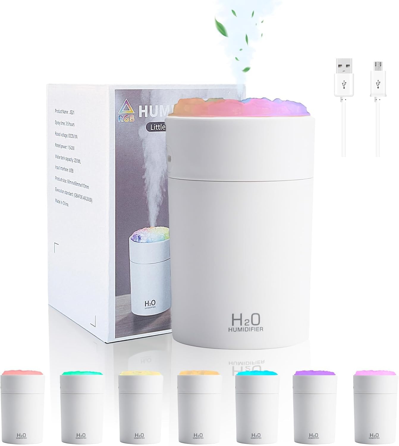 Air Humidifiers for Bedroom, Portable Mini Humidifier with 7-Color Night Light, Essential Oil Diffuser USB Cool Mist Humidifier, Auto Shut-Off, 2 Mist Modes, for Car, Office, Bedroom (220Ml, White) image number 6