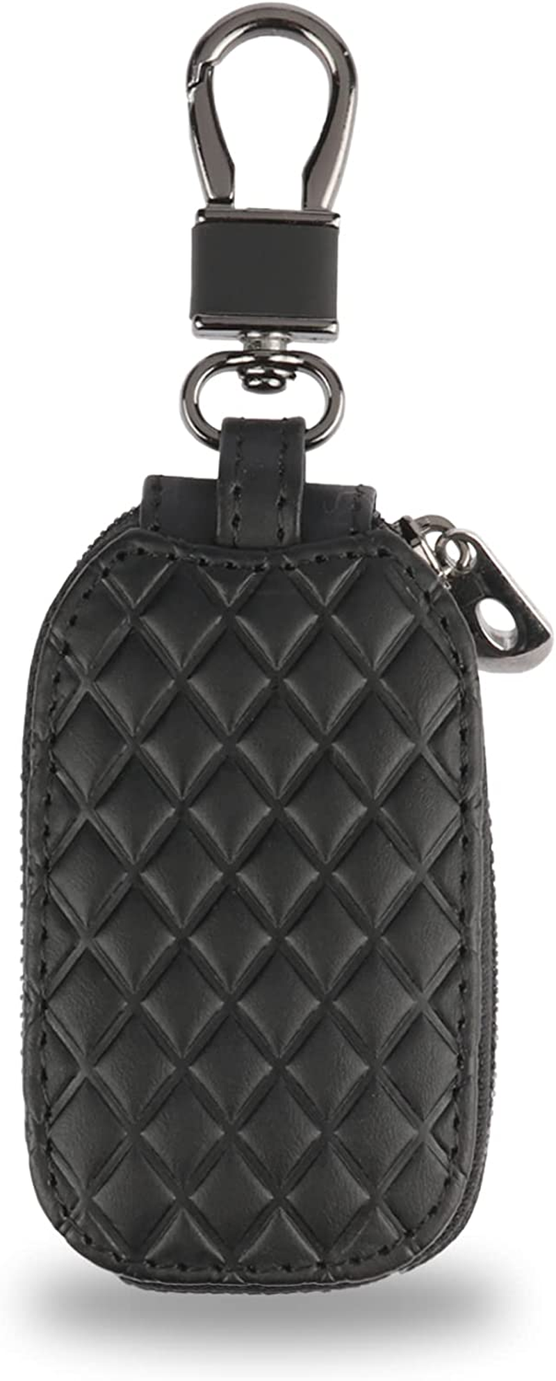 Amiss Universal Key Fob Cover Case, Genuine Leather Car Smart Key Protector with Metal Hook, Keyring Zipper Bag for Remote - Black Plaid image number 4