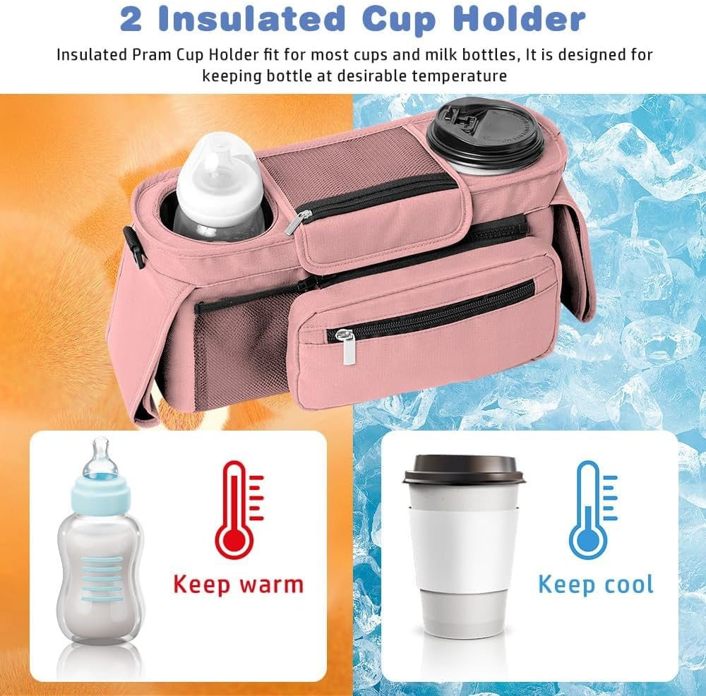 BLAZDEVE Baby Stroller Organizer with Insulated Cup Holder, Large Storage Space Stroller Bag with Detachable Phone Bag and Shoulder Strap for Uppababy, for Baby Jogger, for Britax (Pink) image number 5