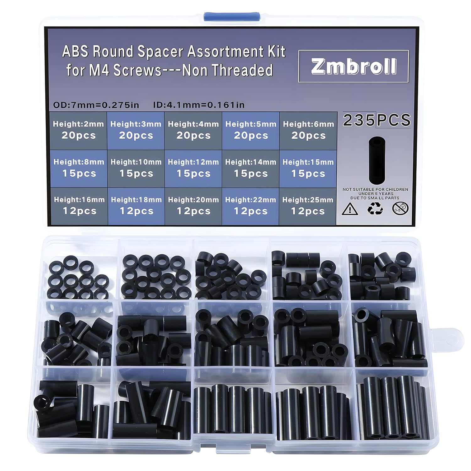 235Pcs ABS Black round Spacer OD 7Mm ID 4.1Mm for M4 Screws 15Sizes Non-Threaded Column Standoff Support Spacer round Straight Tube Plastic Washer Standoff image number 2