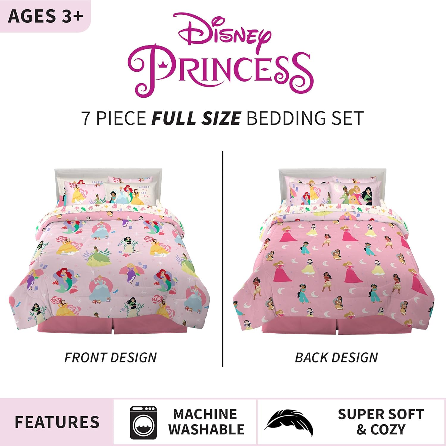 Franco Disney Princess Kids Bedding Super Soft Comforter and Sheet Set with Sham, 7 Piece Full Size, Official Disney Product by (Prints May Vary) image number 2