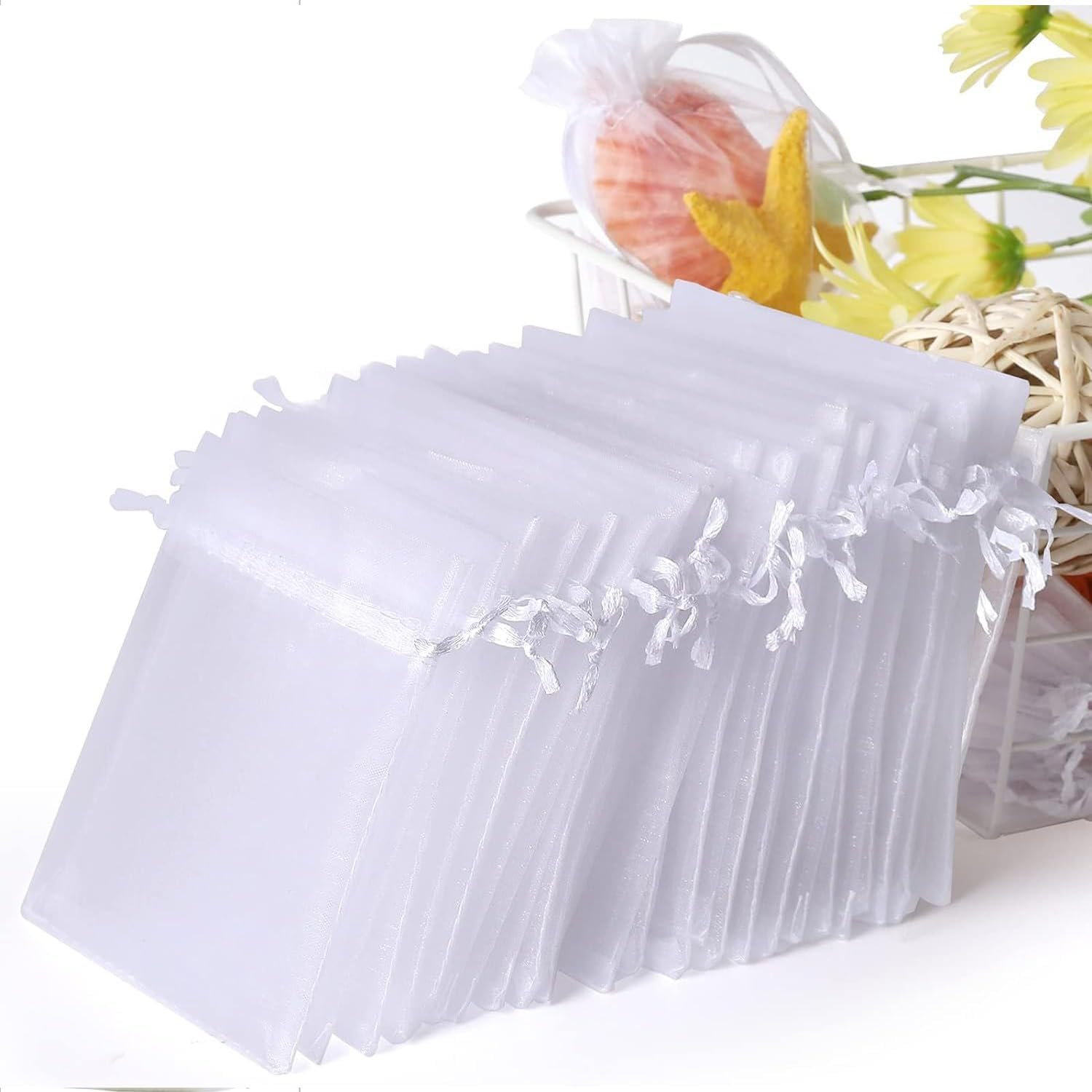 White Organza Gift Pouches, 7X9 CM Small Organza Favour Bags, 100 PCS Wedding Jewelry Bags, Clear Mesh Pouches Perfect for Wedding, Christmas, Birthday, Anniversary image number 4