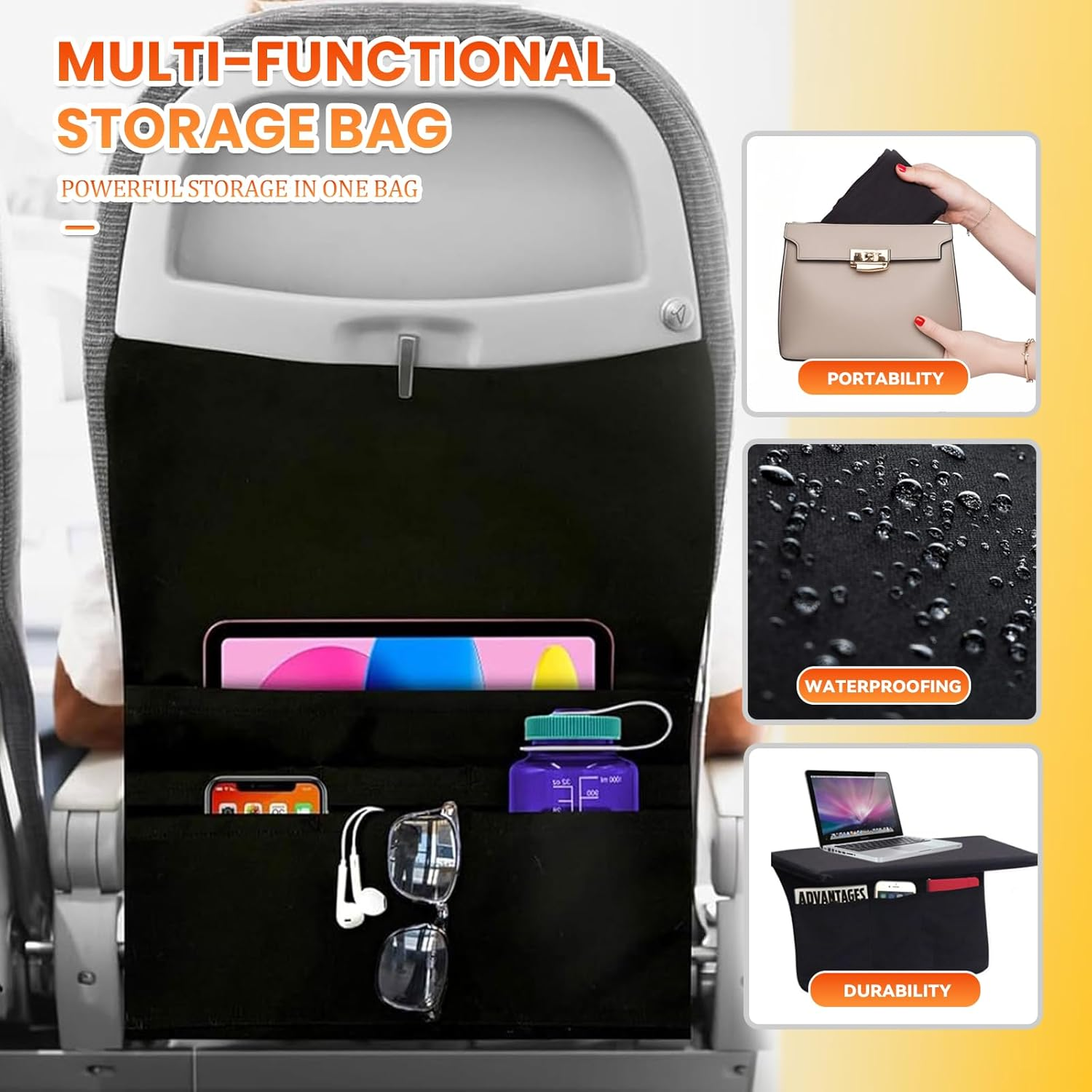 Airplane Seat Back Organizer with Multiple Pockets Durable Polyester Tray Table Cover Storage Bag for Travel Accessories Machine Washable Flight Essentials Organizer (Black,1-Pack)