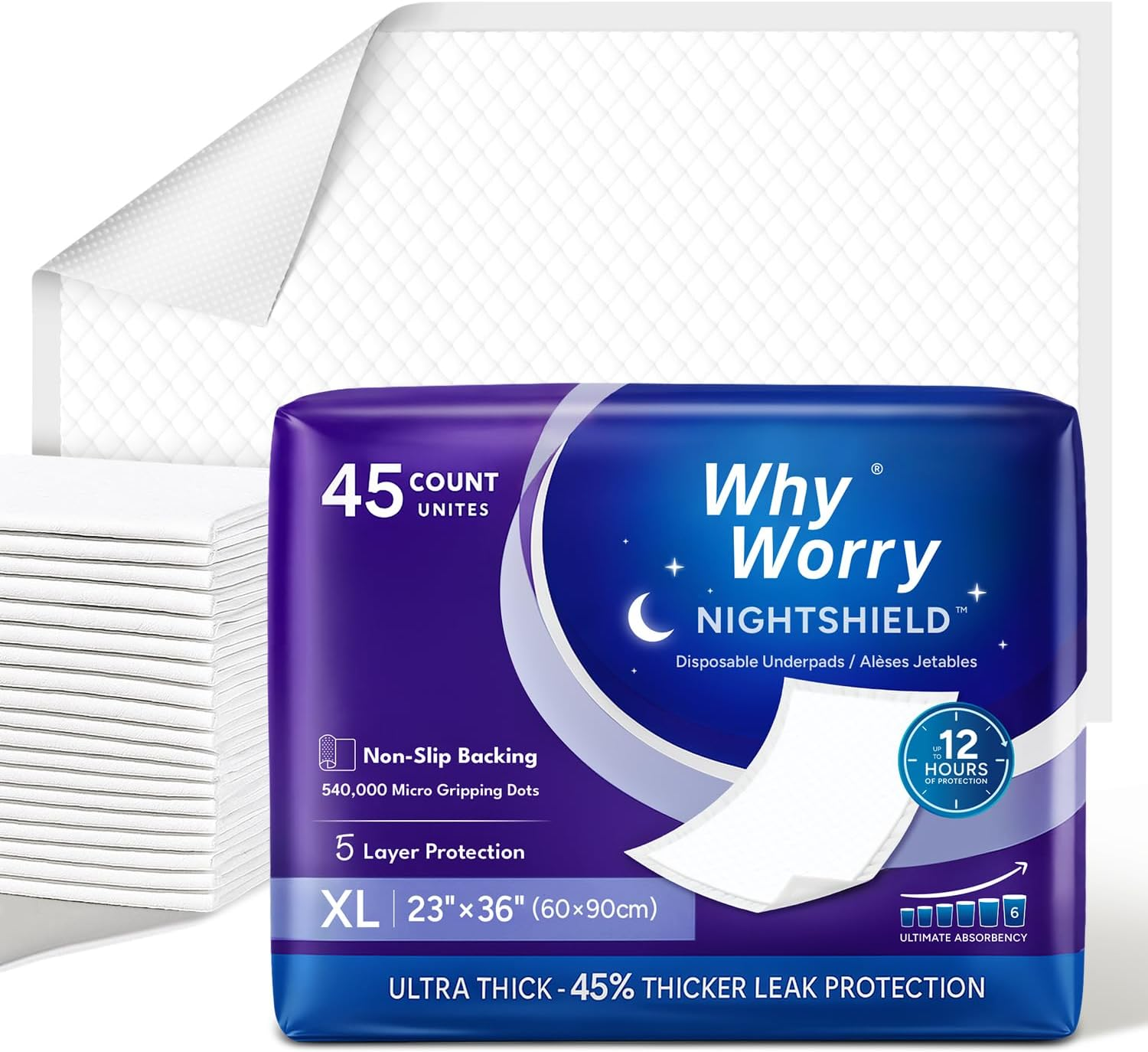 Whyworry Nightshield Incontinence Bed Pads for Adults with Non Slip Grip, 60 X 90 Cm Leakproof Pee Pads with Odor Control, Disposable Underpads for Seniors, Slip Resistant, 45 Count image number 6