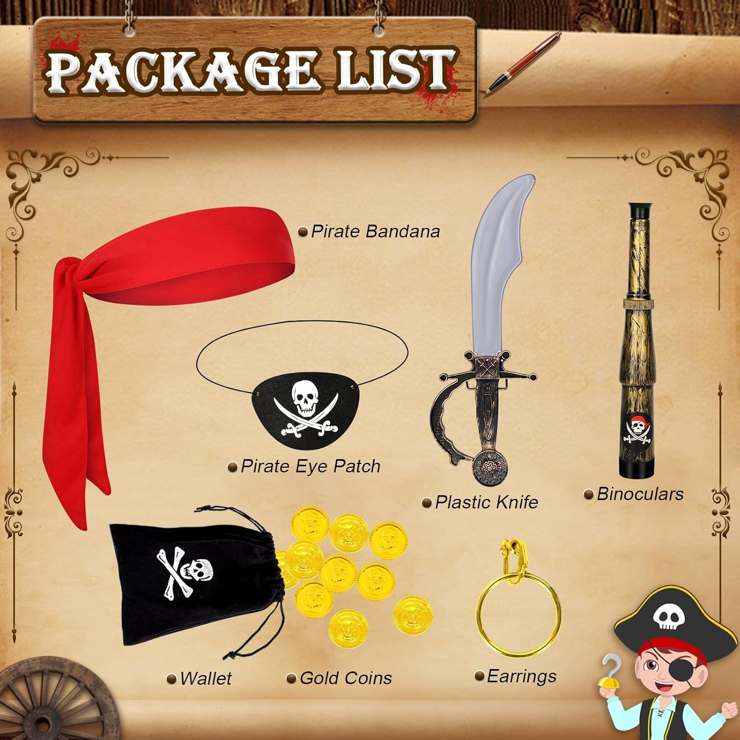 7 PCS Pirate Costume Accessories for Kids,Pirate Accessories Set Captain Outfit for Halloween Party Cosplay image number 5