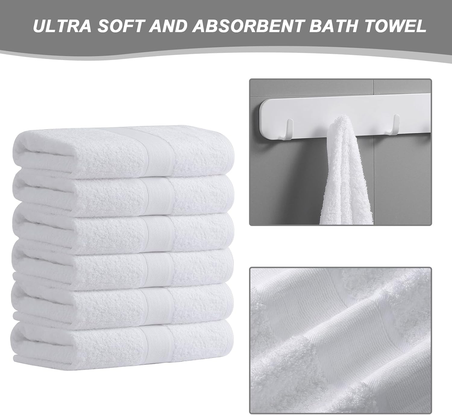 Aibaser Bath Towels, 27X54Inch - Natural, Ultra Absorbent Towels for Bathroom, Travel, Gym, Shower and Spa (6 Piece Set) (White, Bath Towels) image number 4
