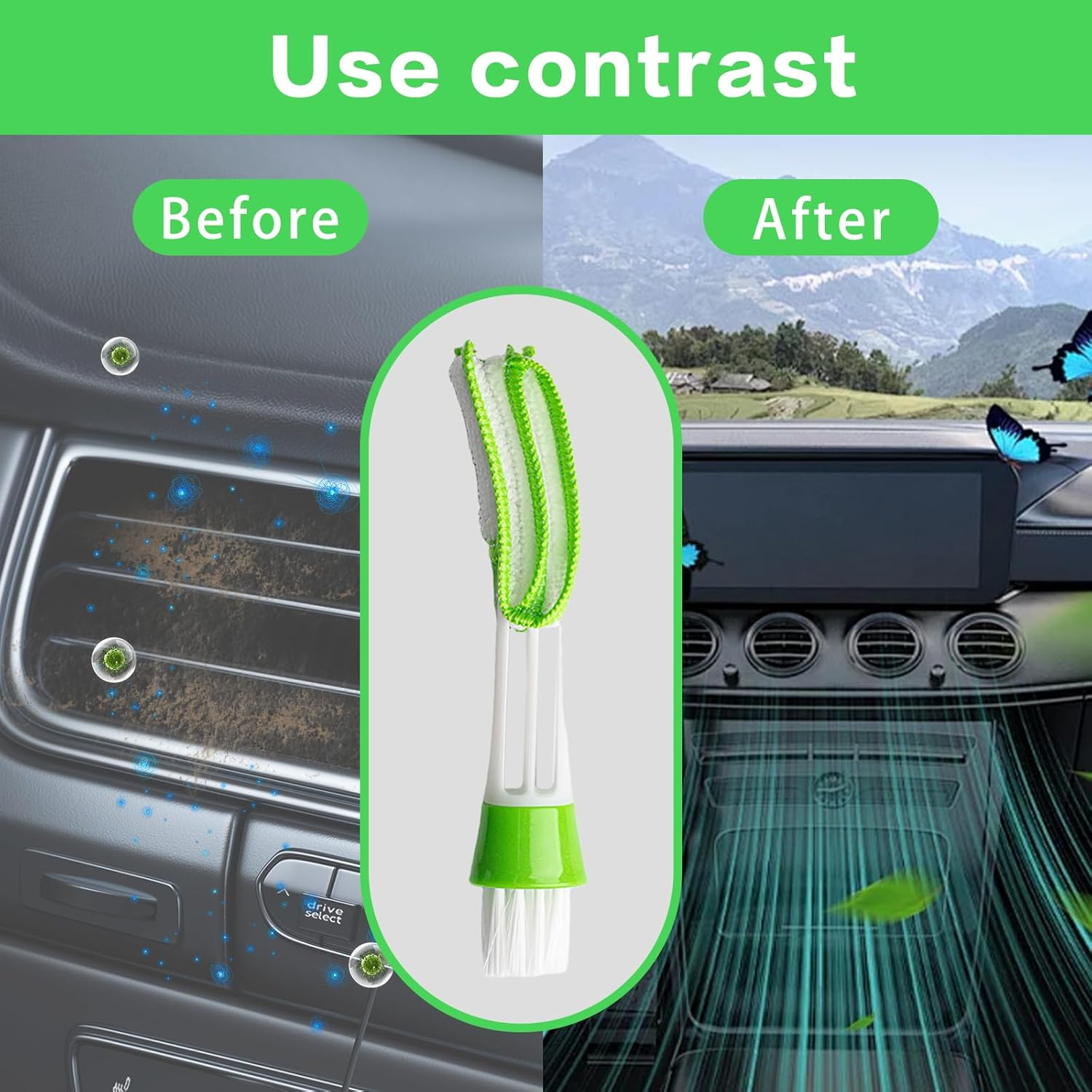 Mini Duster for Car Air Vent, 4 Pack Automotive Air Conditioner Cleaner Brushes with Cleaning Cloth, Green & Grey, for Keyboard, Windows, Blinds and Shutters image number 1