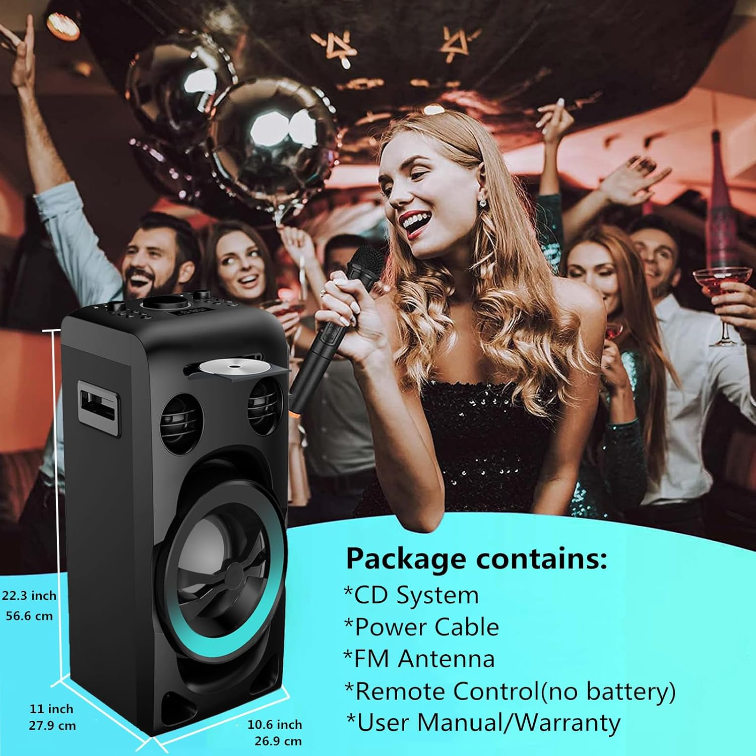 100W Home Stereo System with CD Player, FM Radio, Bluetooth, AUX In/Usb In, Karaoke Function, Earphone Jack, LED Lights, Remote Control Included image number 5