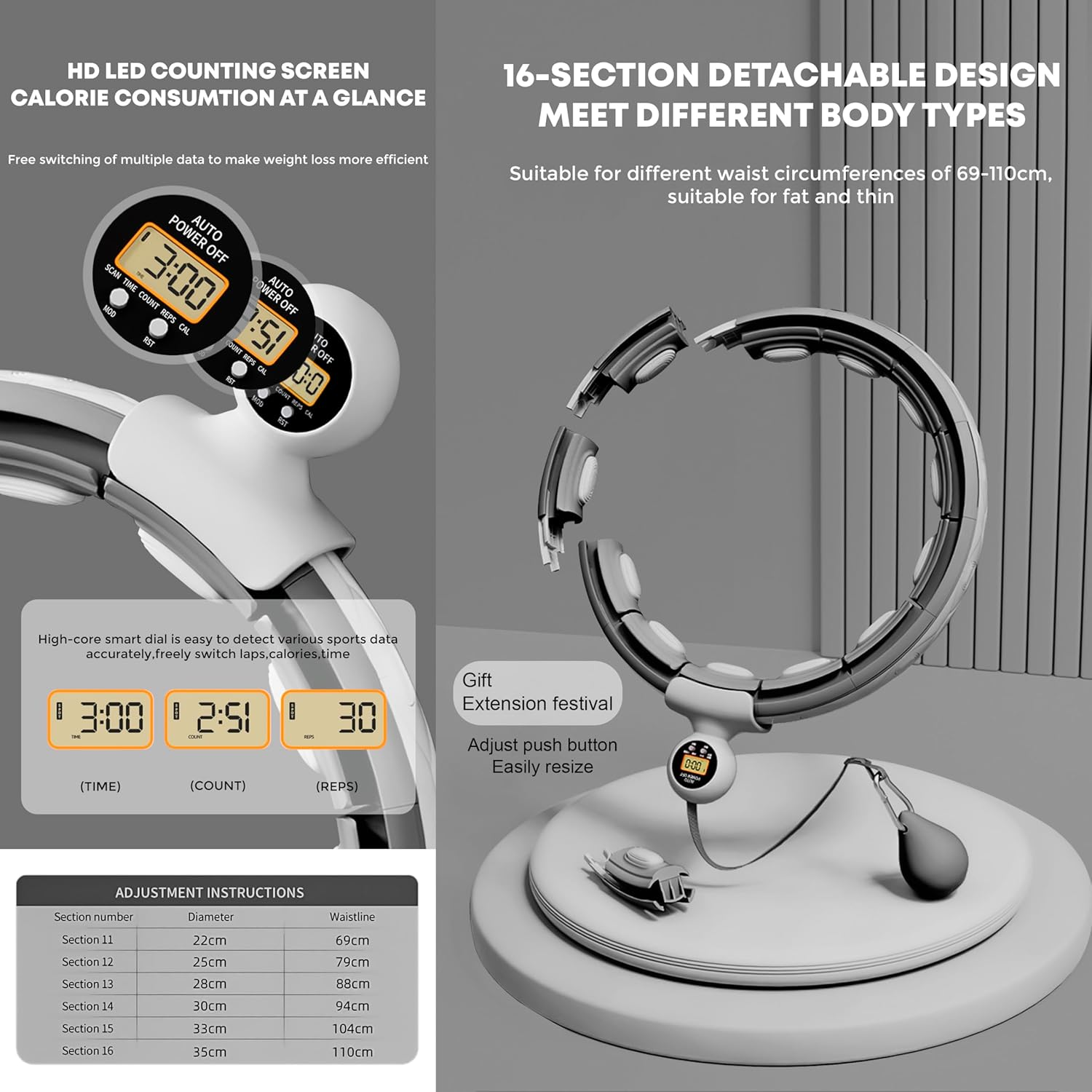 Smart Weighted Hula Hoop for Adults, Detachable Fitness Ring with 360 Degree Auto-Spinning Ball Massage, Smart Ring Hula Hoops for Adults, Fitness Equipment for Weight Loss image number 1