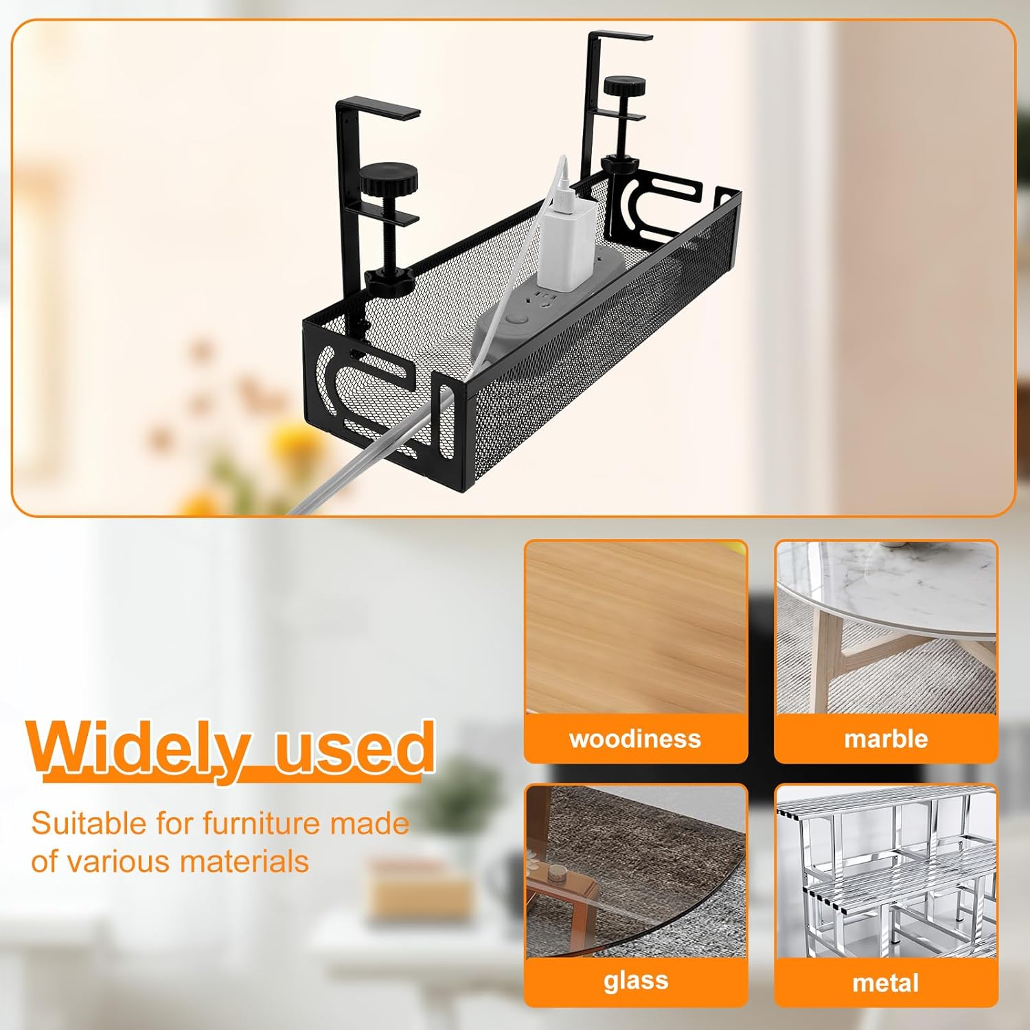 Under Desk Cable Management Tray No Drill 39Cm/15In Metal Mesh Cable Tray with Clamp for Desk Wire Management Cable Management Box and Cord Organizer for Office, Home (Black, 1Pack) image number 2