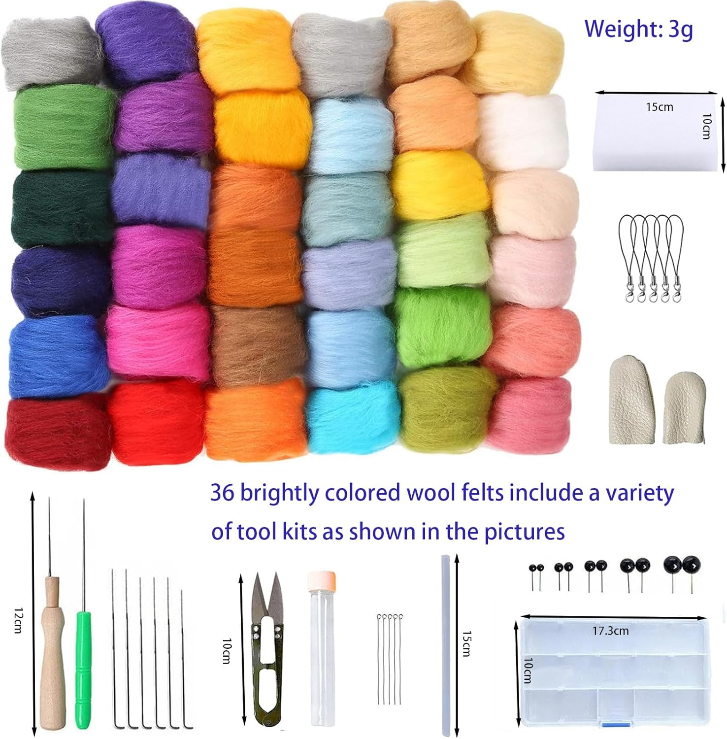 YELINTIAN Needle Felting Starter Kit,36 Colors Fibre Wool Yarn Roving for Needles Felt Tool Includes Keychain, Felted Foam Mat, and Other Tools for Animal Doll Beginner Supplies image number 5