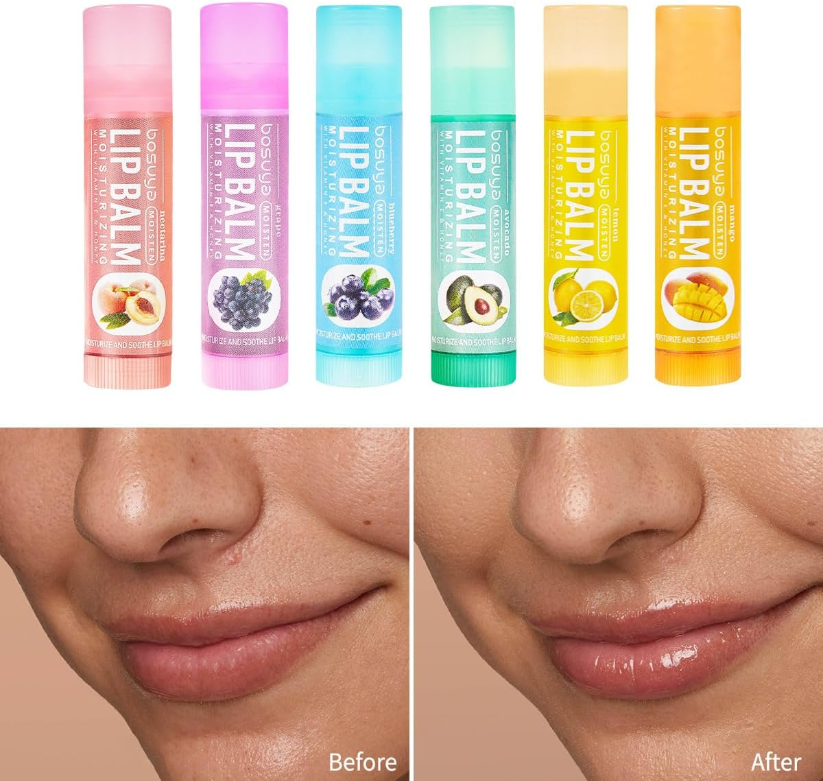 Organic Lip Balm Set, Natural Lip Balm Bulk with Vitamin E and Honey, Moisturizing Lip Balm for Dry Cracked Lips, Gifts for Stocking Stuffers, Peach, Grape, Blueberry, Avocado, Lemon, Mango, 6 Flavors image number 2