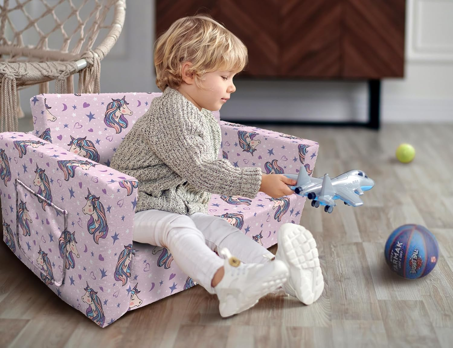 Fond + Found Kids Sofa Couch, 2 in 1 Children'S Convertible Sofa, Extra Soft Flip Open Chairs & Sleeper, Cute Unicorn Print Toddler Chairs Kids Couch for Kids Girls Boys (Pink, Extra Large) image number 1