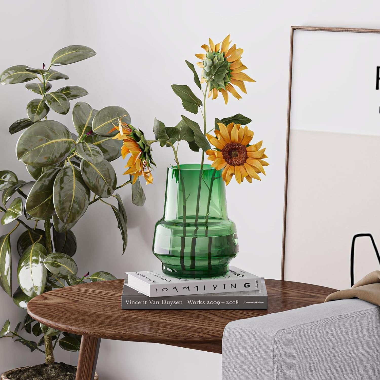 Relexome Green Glass Flower Vase for Centerpieces Bouquet Flowers Modern Wide Mouth Glass Vase Decorative Bud Vases for Home Decor, Living Room, Kitchen, Dining Table, Entryway 7.3 Inch image number 2