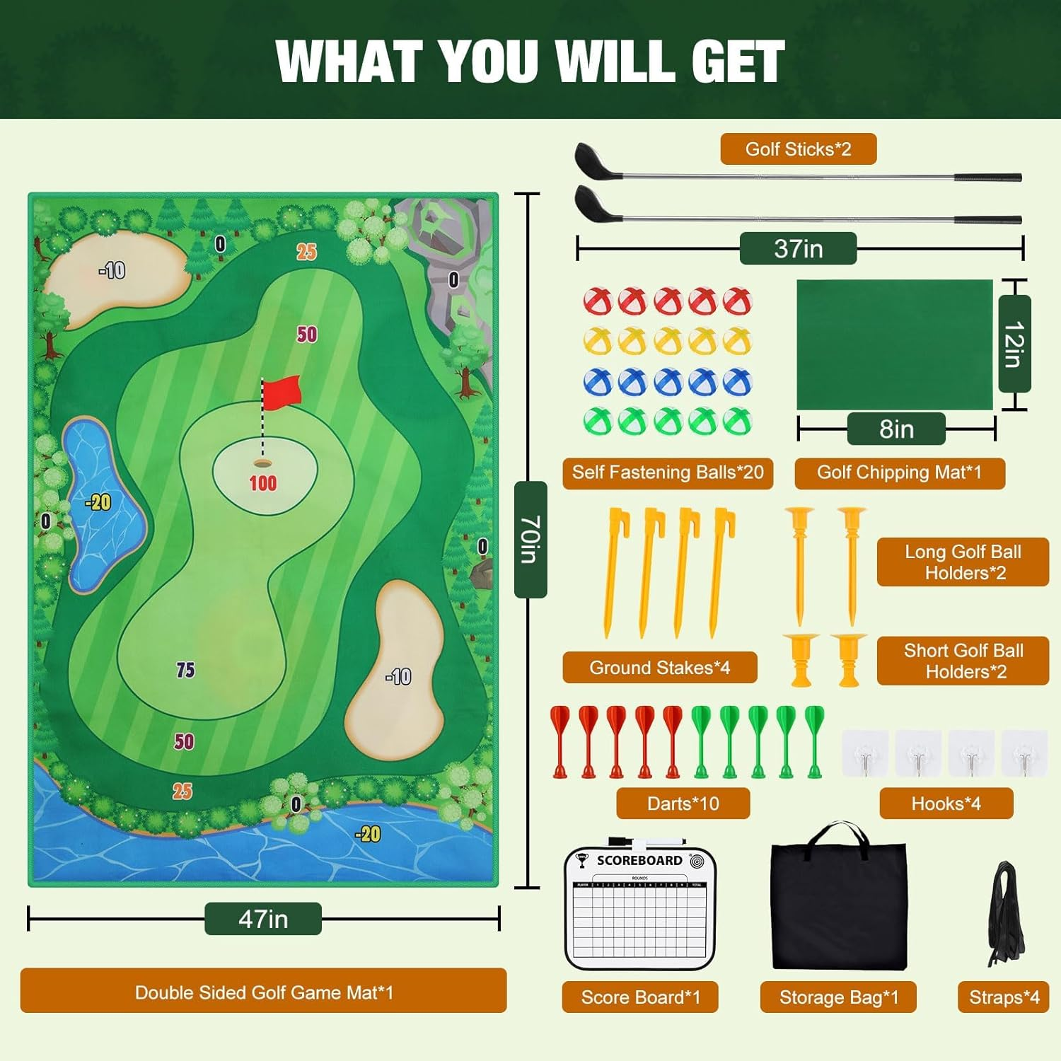 Golf Game Golf Chipping Game, Double Sided Golf Game & Golf Hitting Mat plus for Kids Adults, Indoor Golf Games Practice Mat with 20 Sticky Balls And10 Darts