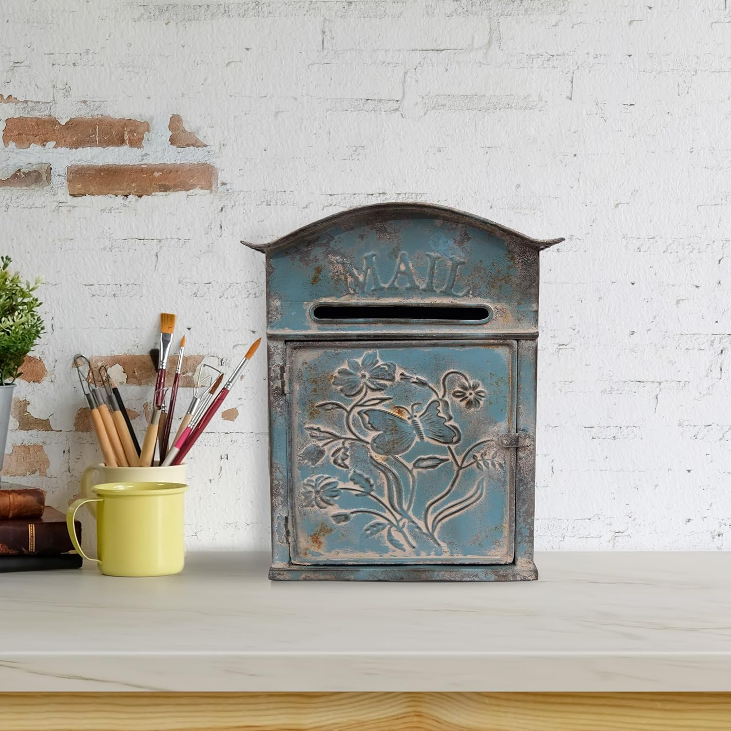 Creative Co-Op Distressed Blue Embossed Tin Mail Box