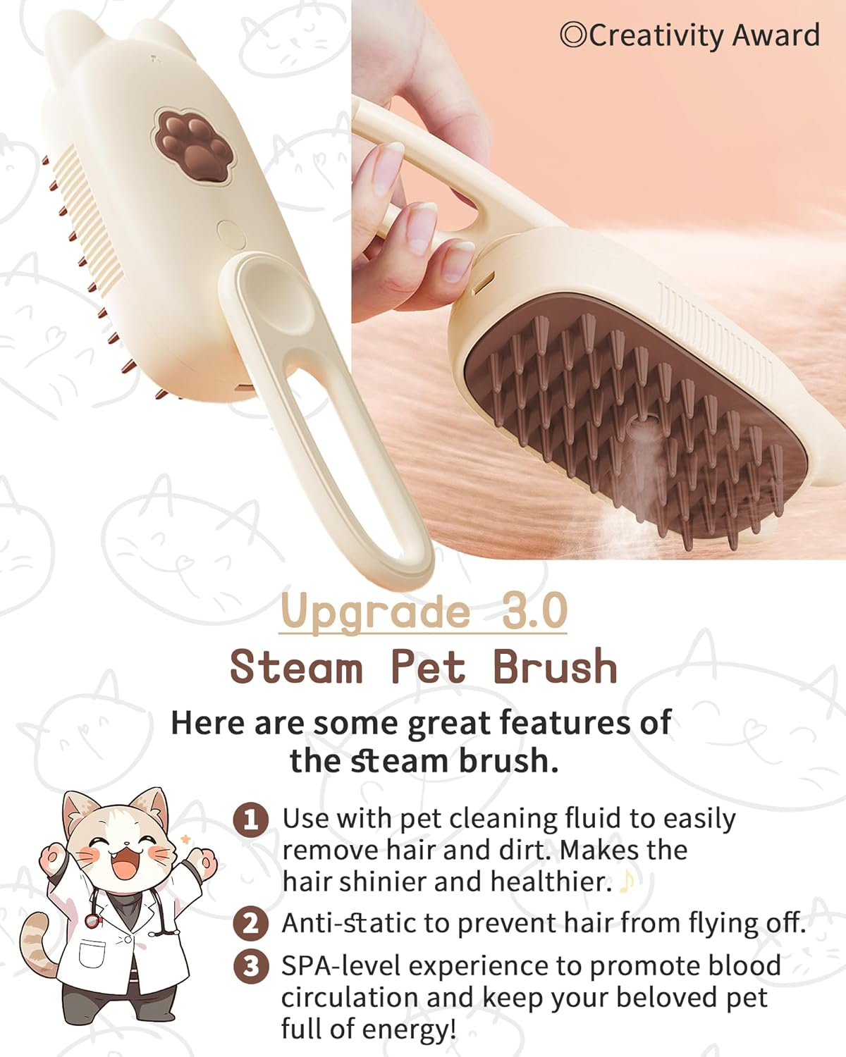Steamy Cat Brush Cat Steam Brush 3 in 1 Cat Steam Brush for Massage Detangling and Hair Removal Cat Grooming Brush for Cats and Dogs (Milky) - Milky image number 4