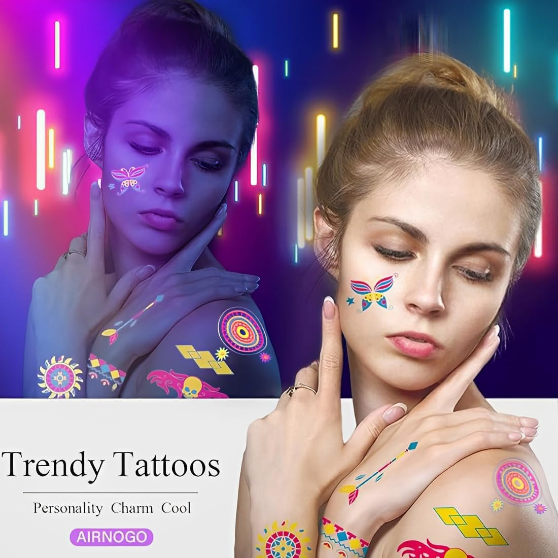 10 Sheets of Luminous Tattoos under Neon UV Black Light, Temporary Tattoos, Tattoos, Adults, Teenagers, Children, Luminous Party Decoration, Waterproof Adhesive Tattoos, Party Gadgets