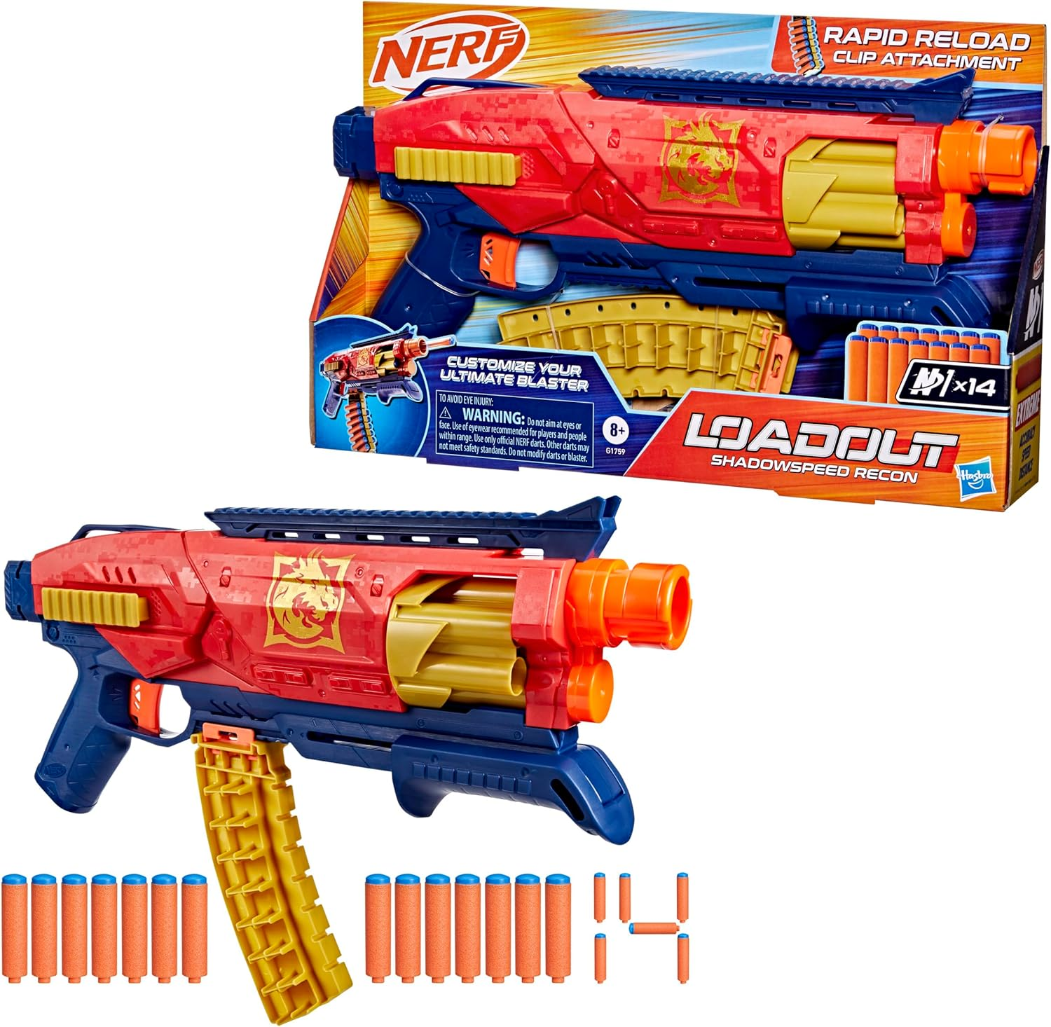 Nerf Loadout Shadowspeed Recon Blaster, 14-Dart Storage Attachment Accessory, 6-Dart Revolving Cylinder, 14 Nerf N1 Darts, Kids Toys & Gifts, Ages 8+