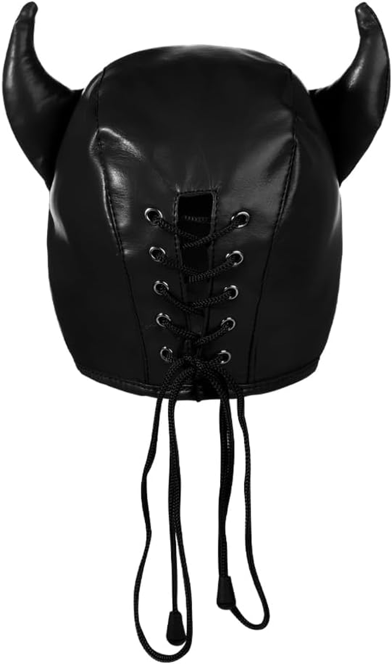 PU Leather Horn Full Cover Hood Mask Opened Mouth Show Eyes Face Mask Adjustable Lace-Up Hood Headgear Halloween Cosplay Fancy Dress Eye Mask Night Club Dress up Costume for Couple Games Carnival image number 3