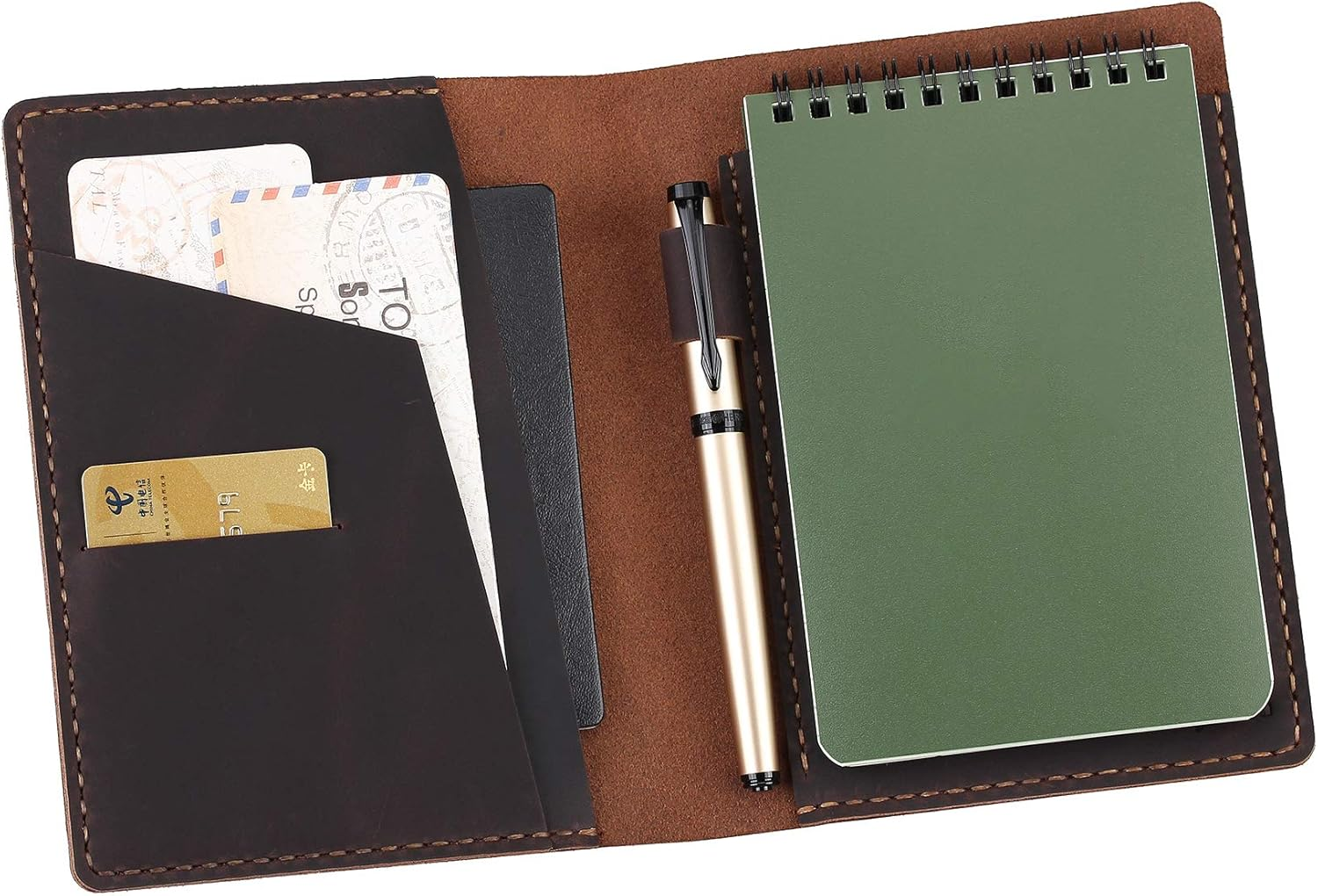 Fasjosma Leather Cover Compatible with Rite in the Rain & Rocketbook Mini Notebooks, Top Bound Spiral Notebook Cover, Leather Cover for 4'' X 6'' Pocket Notepad with Pen Holder - COFFEE