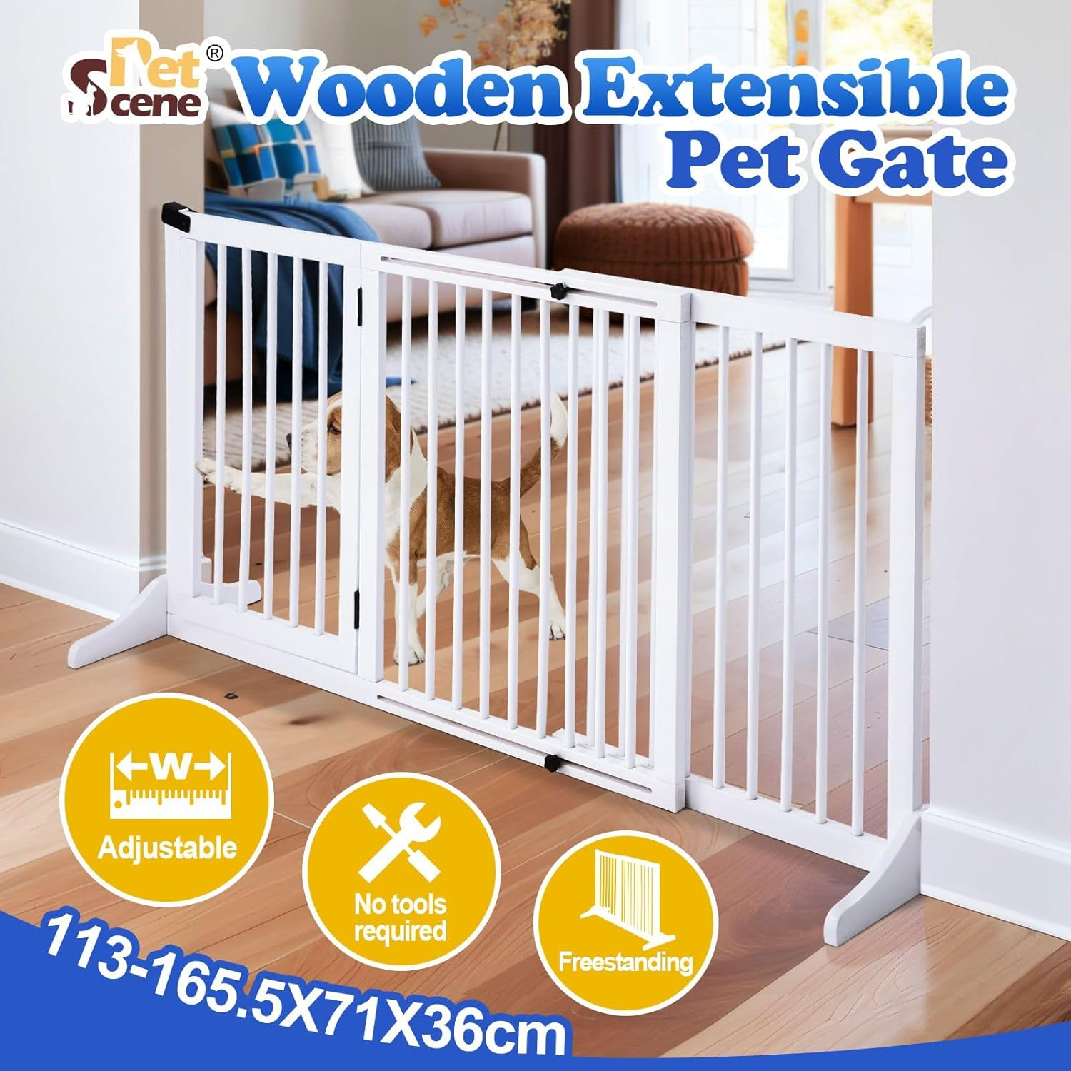 Pet Safety Gate with Walk over Door,Extensible Width 113Cm-165.5Cm, Freestanding Dog Fence Safety Guard Indoor Wooden Playpen Foldable Barrier Protection Net Stair Partition White 3 Panels image number 3