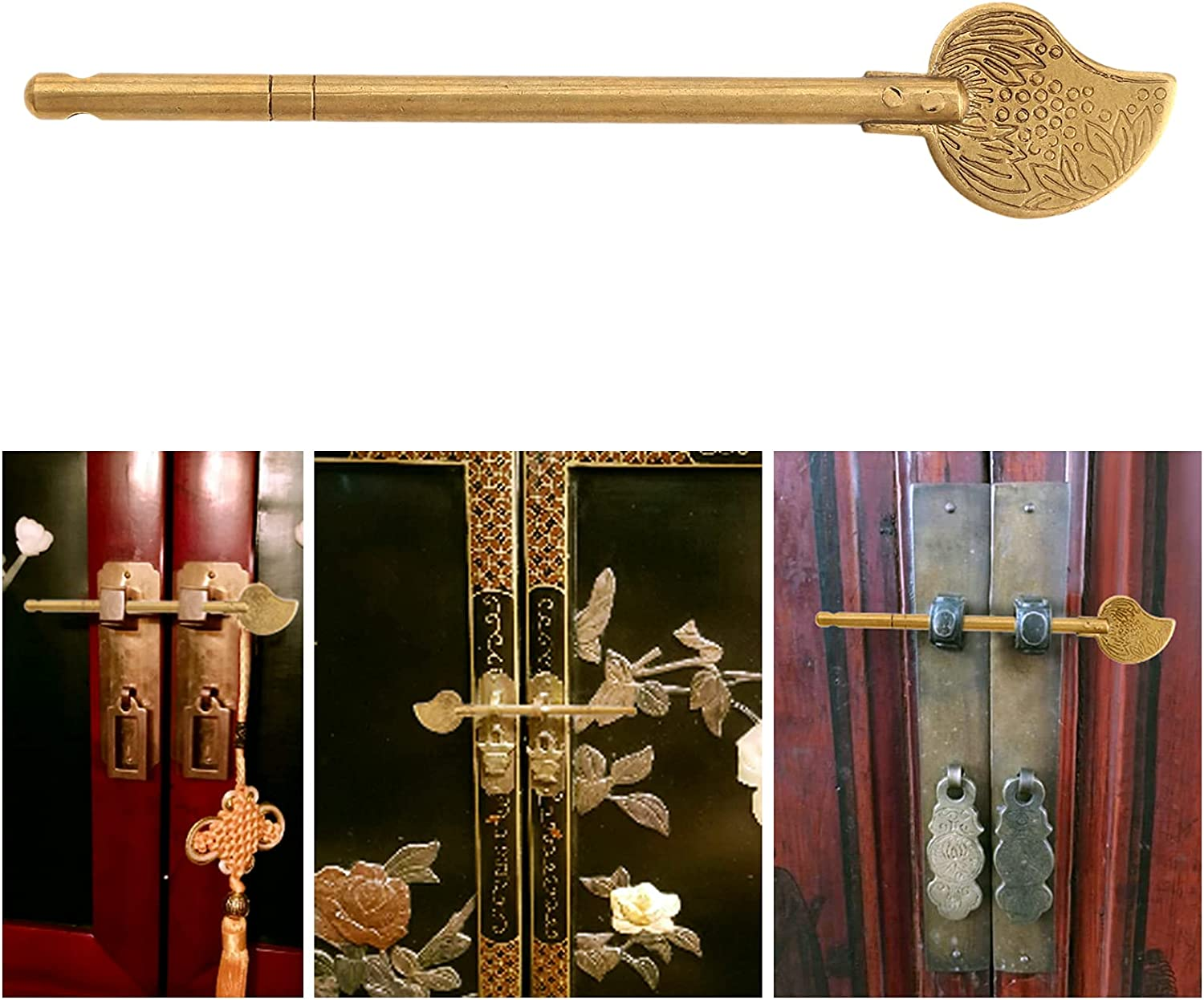 Dophee Chinese Leaf Bolt Locking Pin, Safety Pure Brass Key Latches Locking Arm Deadbolt for Asian Style Cabinet Door Chest Furniture Hardware Locking up Files, 11Cm/4.33" image number 2