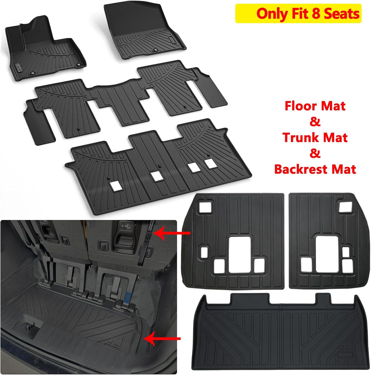 LJWAITO Floor Mats & Cargo Liners for 2025 KIA Carnival Hybrid 8 Seats（Not Fit Pure Fuel） Upgrade Trunk Mat with Backrest Mat (NOT Fit Prestige Models) All Weather Car Floor Liners Accessories