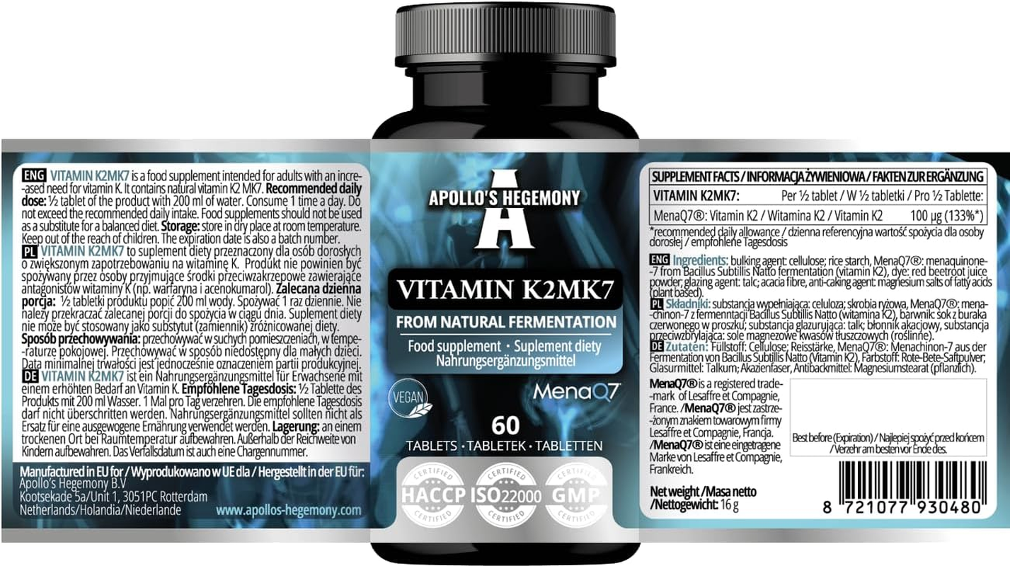 Vitamin K2 MK7 60 Vegan Tablets - 100 &Mu;g per Portion - up to 4-Month Supply - for Bone Health and Blood Clotting Support - Dietary Supplement - by Apollo&rsquo;S Hegemony image number 1