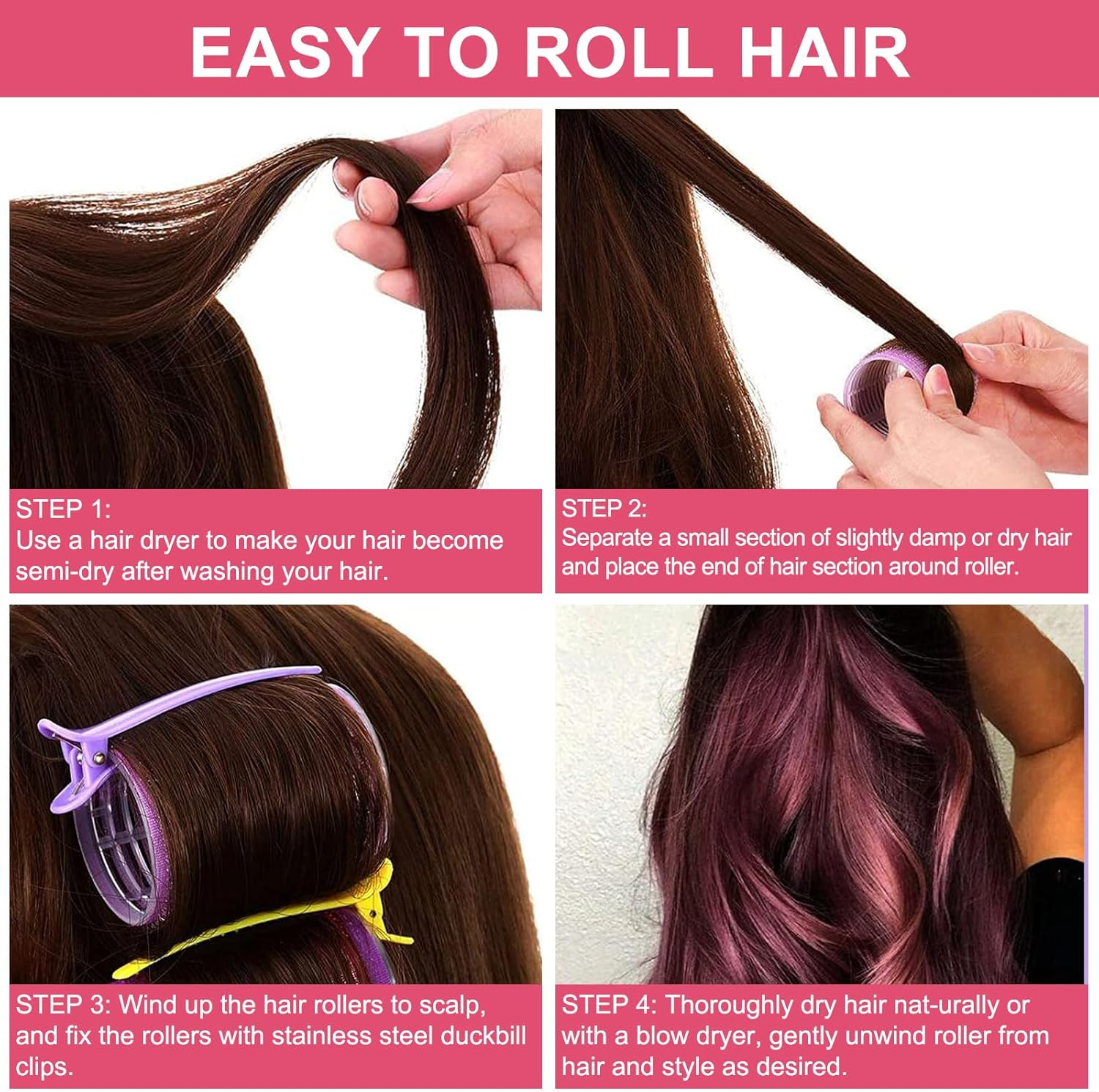 Hair Rollers, 12 Pack Self Grip Salon Hairdressing Curlers, Hair Roller Sets, Hair Curlers, DIY Curly Hairstyle, Colors May Vary, Jumbo image number 6