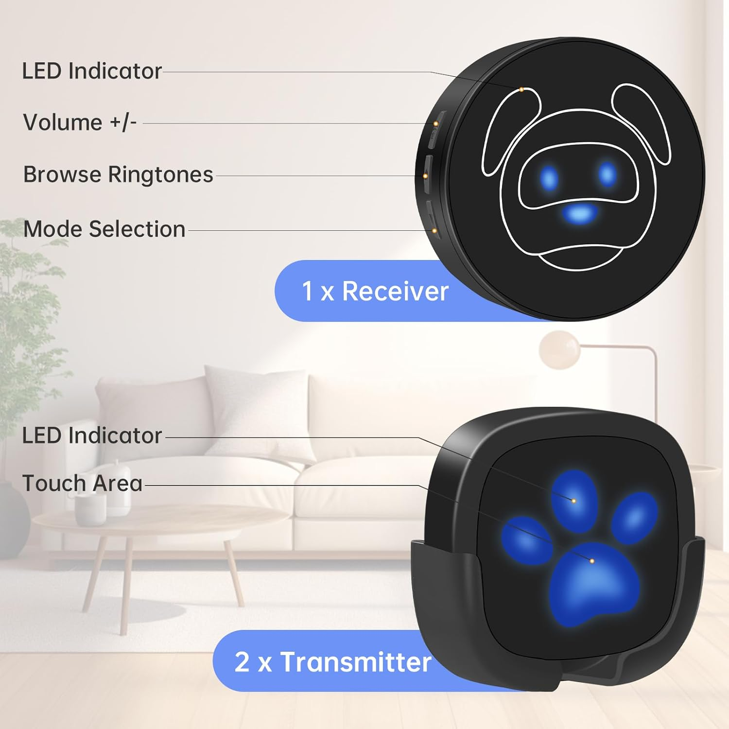 Whimsii Dog Doorbell, Wireless Ring Bell to Go Outside, IP55 Waterproof Buttons, 55 Melodies, 4 Volume Levels & 950Ft Range (Black, 1 Reciever 2 Transmitters) image number 5