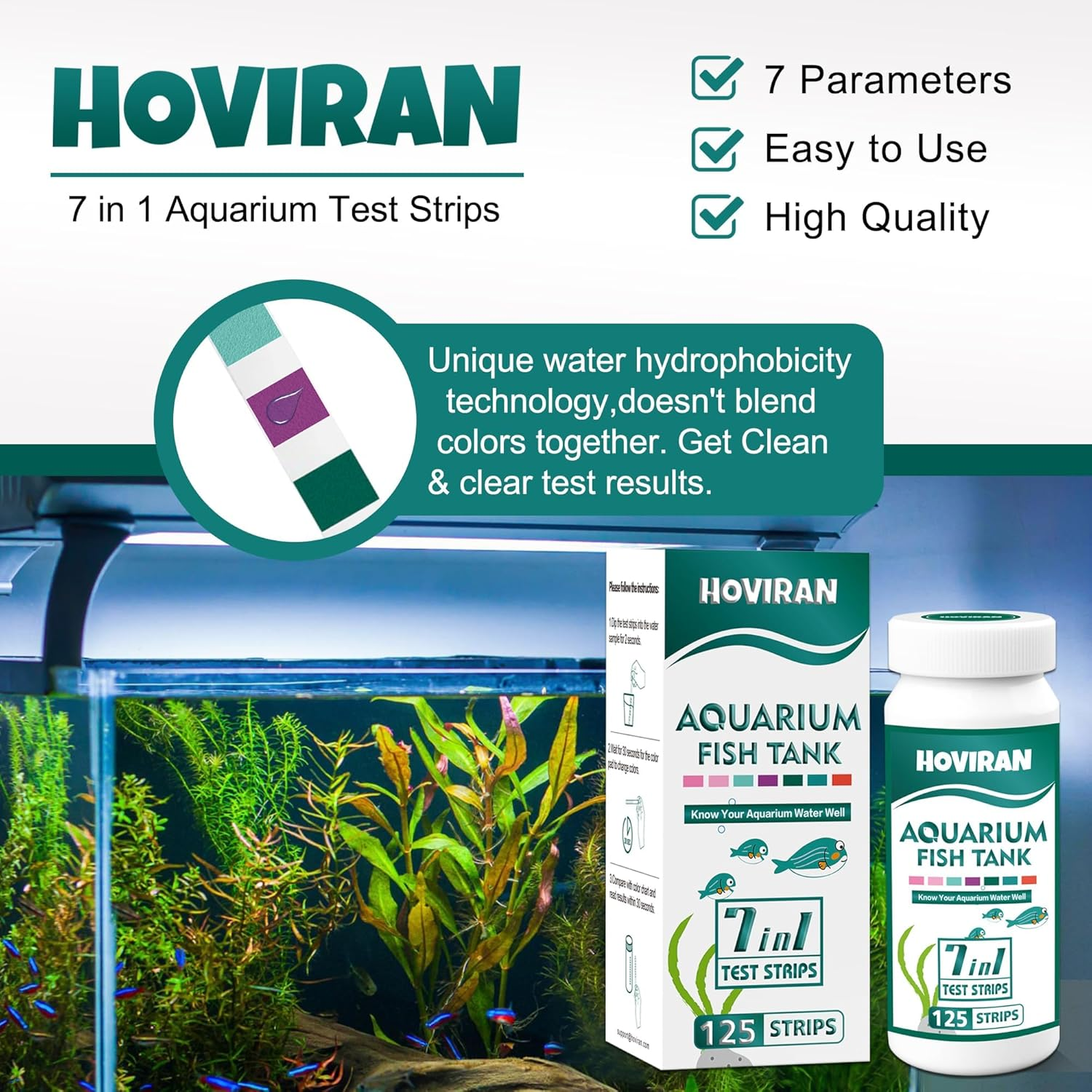 7 in 1 Aquarium Test Strips, 125 Count Fish Tank Test Strips for Freshwater Saltwater Pond, Water Testing Kit Aquarium for Chlorine, Total Hardness, Carbonate, Alkalinity, Nitrate, Nitrite and Ph image number 2