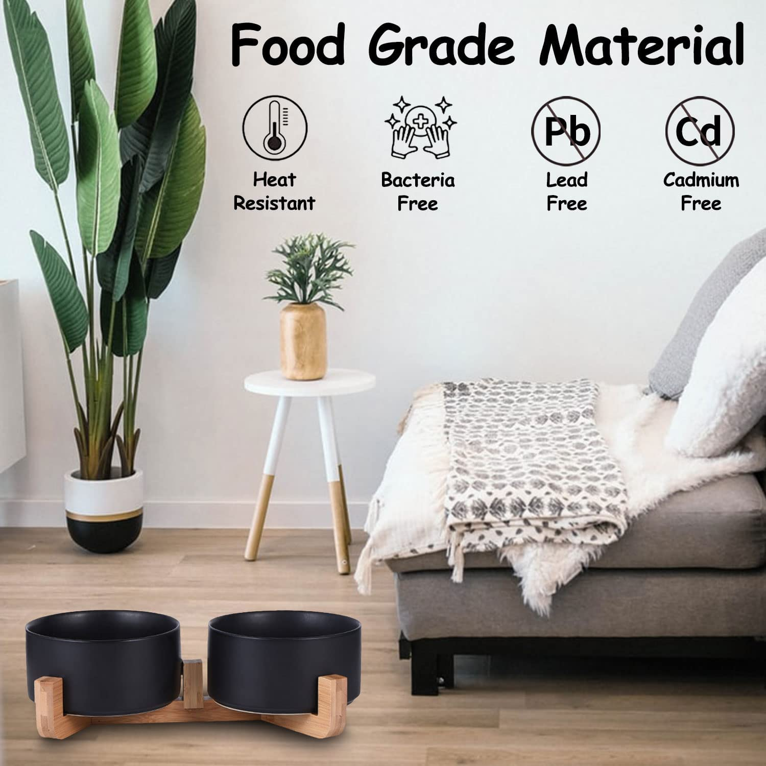 Petygooing Dog Bowls,Black Ceramic Cat Dog Bowl Set with Wood Stand for Pet Food and Water,Non-Slip Cute Modern Pet Dish Set for Cats Small and Medium Dogs (28OZ/6.1 In) image number 7