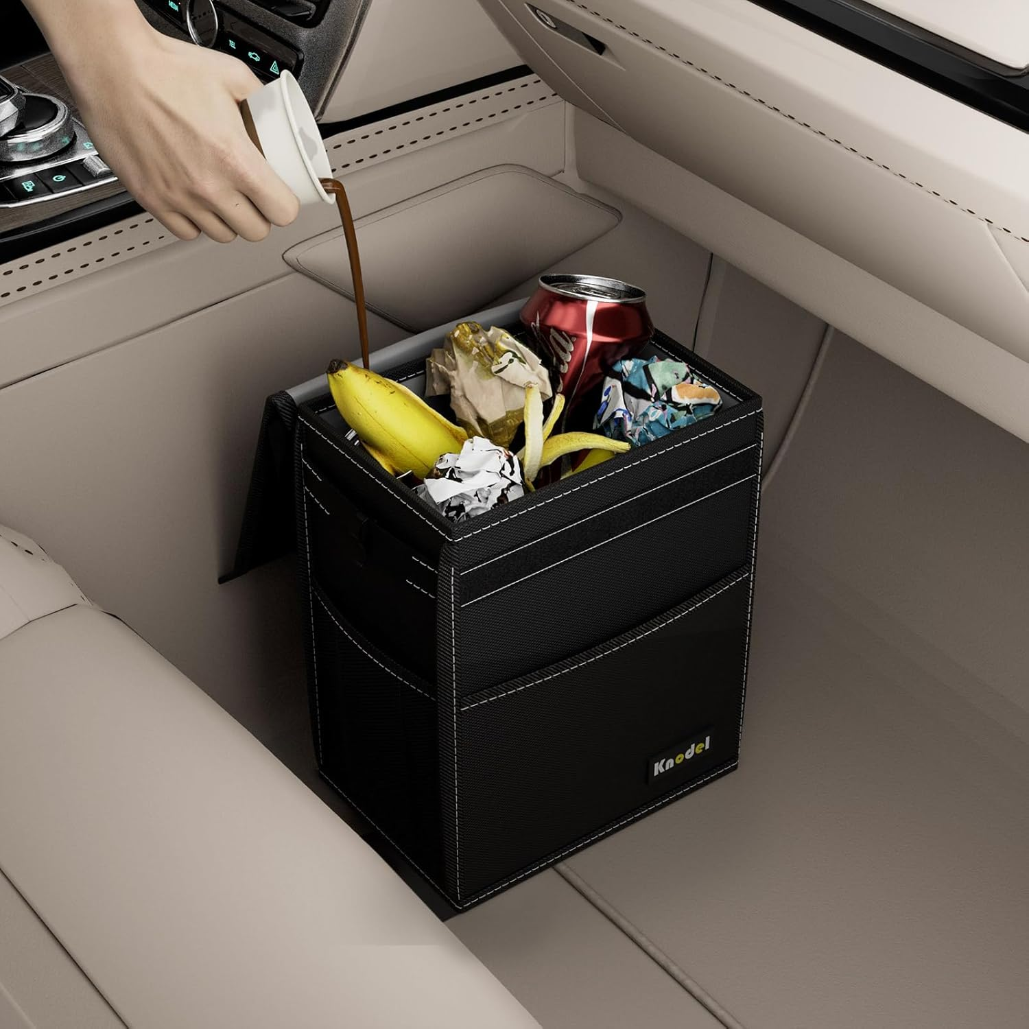 K KNODEL Car Trash Can, Car Bin, Waterproof Auto Garbage Bag, Car Bin with Lid, Leak-Proof Car Storage Bag, Auto Garbage Bag Hanging (Medium, Black) image number 3