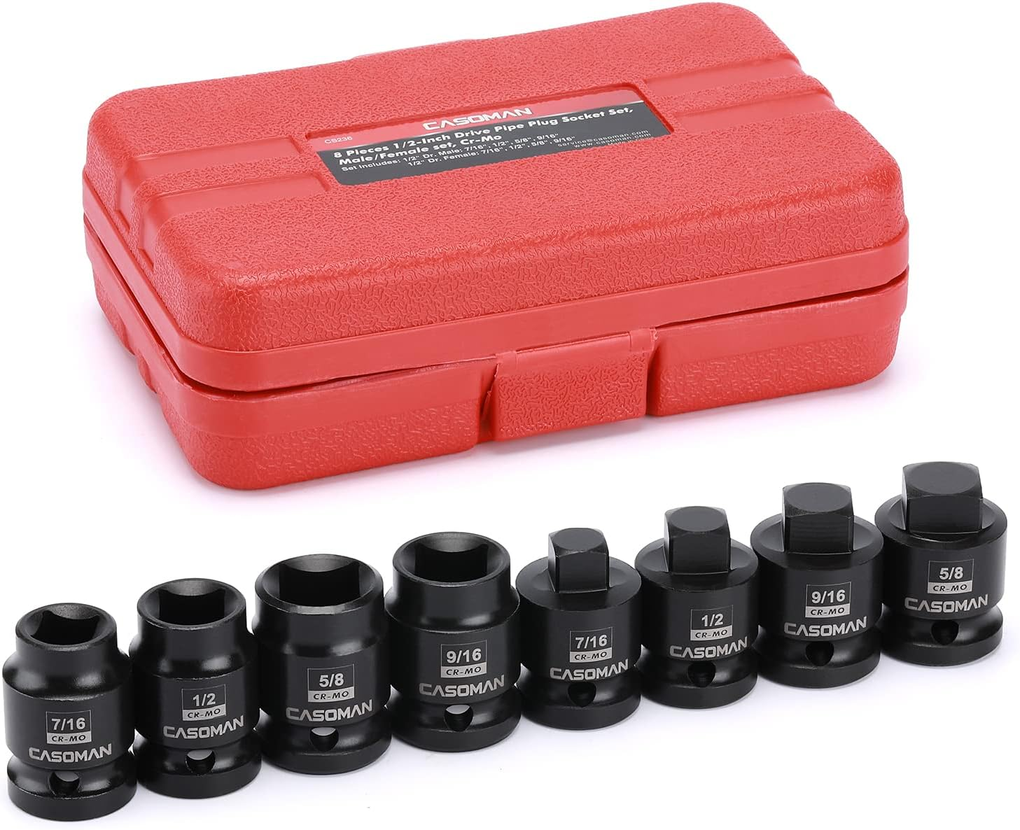 CASOMAN 8PCS 1/2-Inch Drive Pipe Plug Socket Set, Cr-Mo, SAE, Male/Female Set, 7/16", 1/2", 5/8", 9/16", Tapered Male Square Drive, Chamfered Female Square Drive