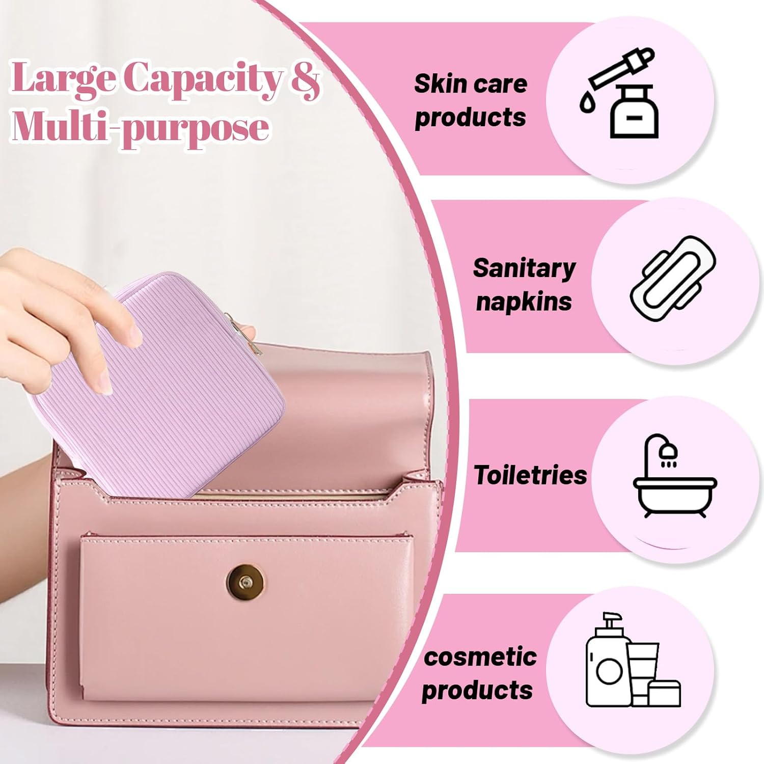 LUMOOM Pack of 2 Sanitary Towels Storage Tampon, Cosmetic Bag Small for Handbag Made of Corduroy, Sanitary Napkin Bag with Metal Zip, Make up Bag for Girls (Pink + Purple), Pink + Purple image number 5