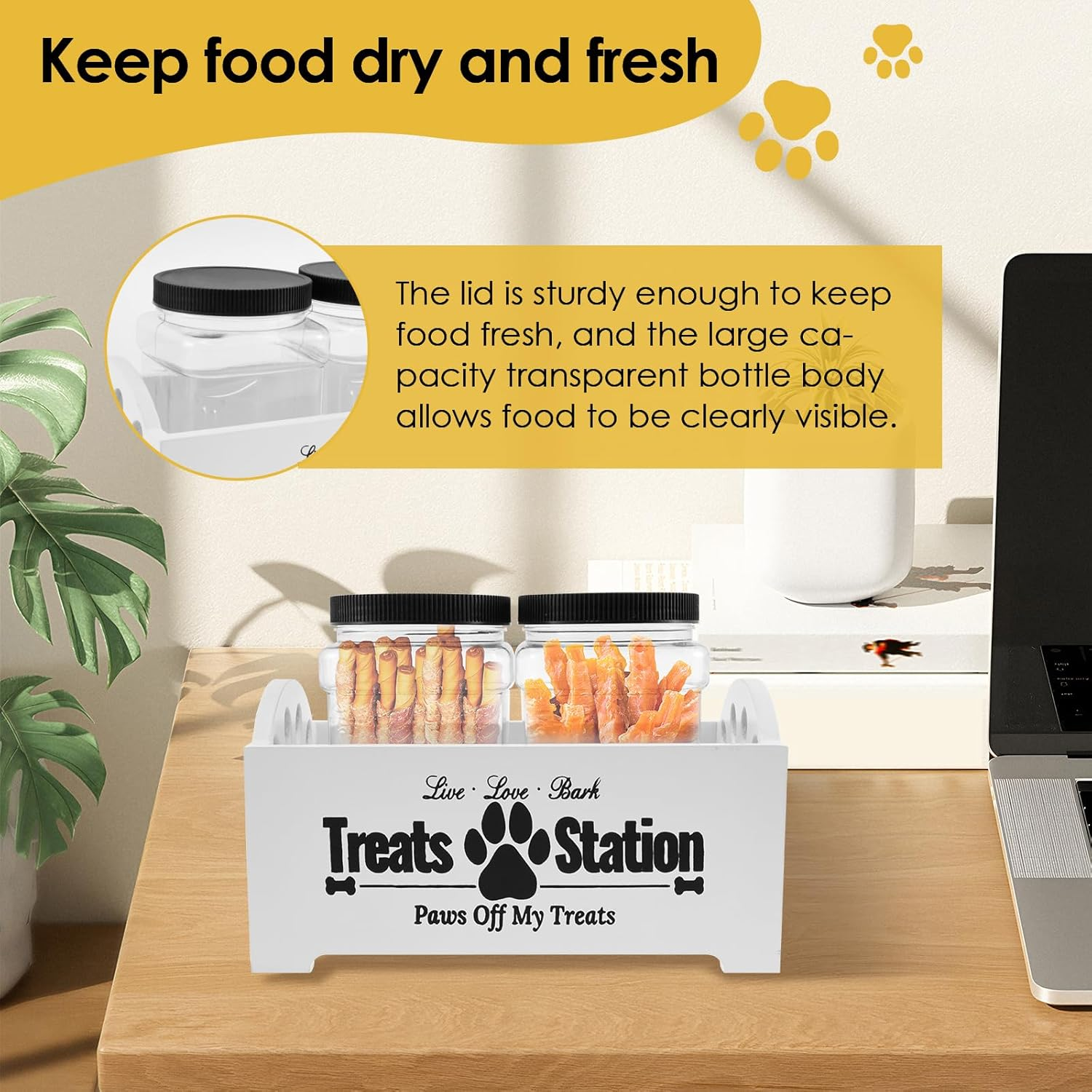 Dog Treat Container,Dog Food Storage Wood with 2 Plastic Jars,Dog Cookie Jar for Dog Food Storage for Pet Owners and Lovers (White) - Black image number 6