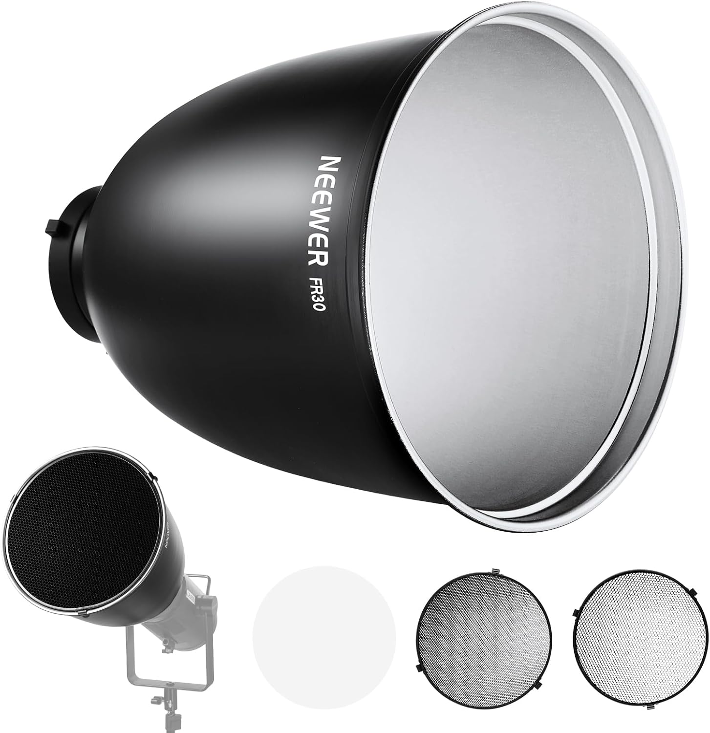 NEEWER 11.6"/29.5Cm Deep Focus Reflector Bowens Mount with 15&deg;/30&deg; Honeycomb Grids & Soft Cloth, 45&deg; Diffuser Lamp Shade Compatible with Godox NEEWER Studio Strobe Flash Light Speedlite, FR30 image number 5