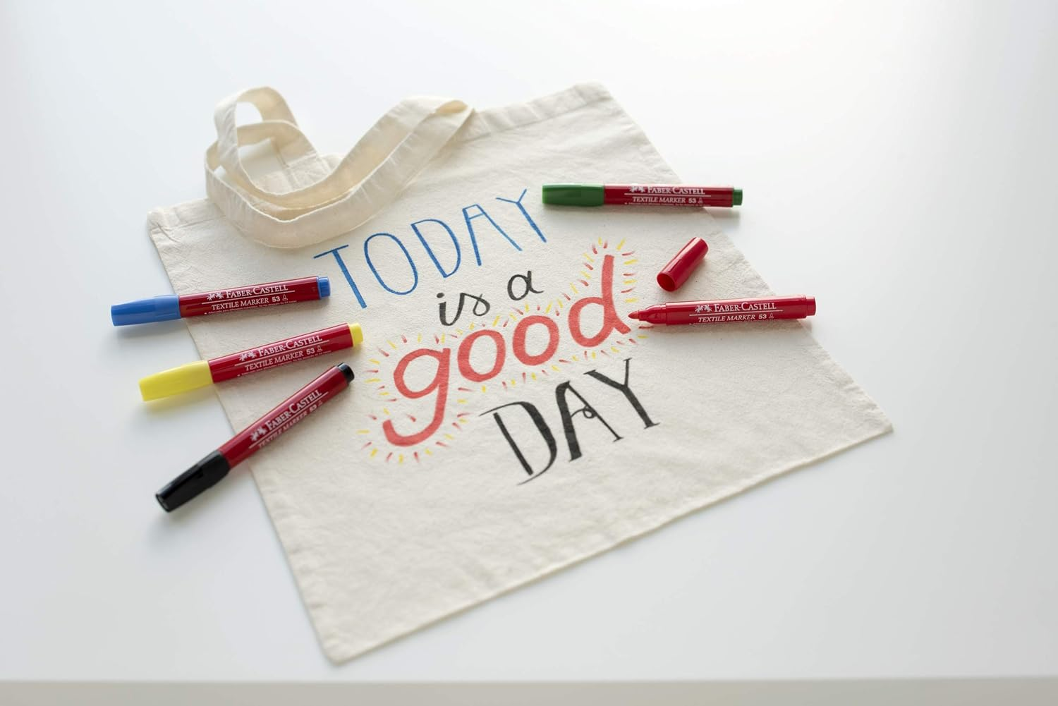 Faber-Castell 159505 Textile Marker 53, Pack of 5, 1 Yellow/Red/Blue/Green/Black - Blue image number 6