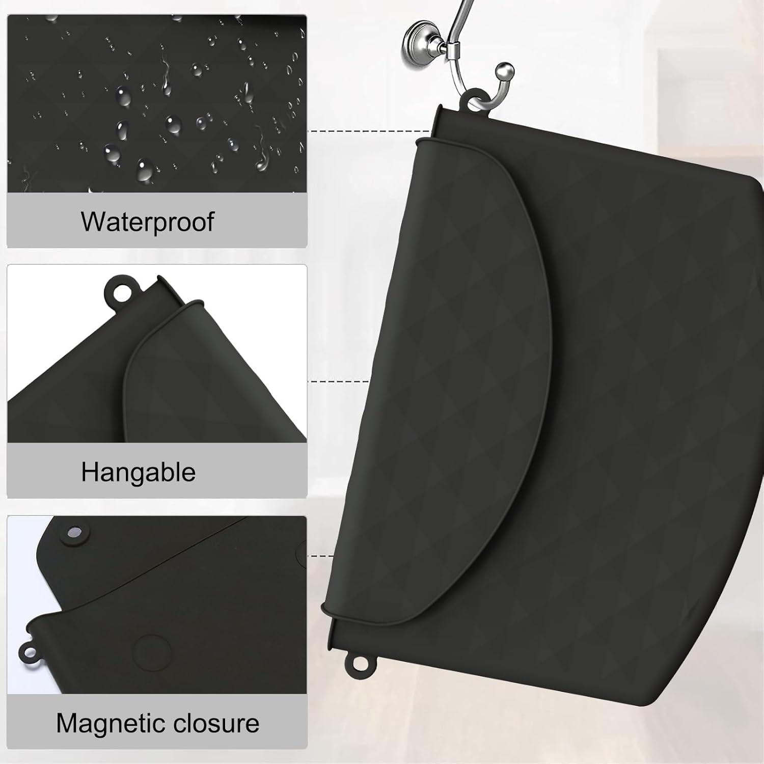 HTRTRR Silicone Cosmetic Bag, Silicone Cosmetic Bag for Women, Magnetic Closure Portable Cosmetic Bag, Holds Beauty Tools, Brushes, Toiletries, Iron, Fashion, Black, Pure Colour