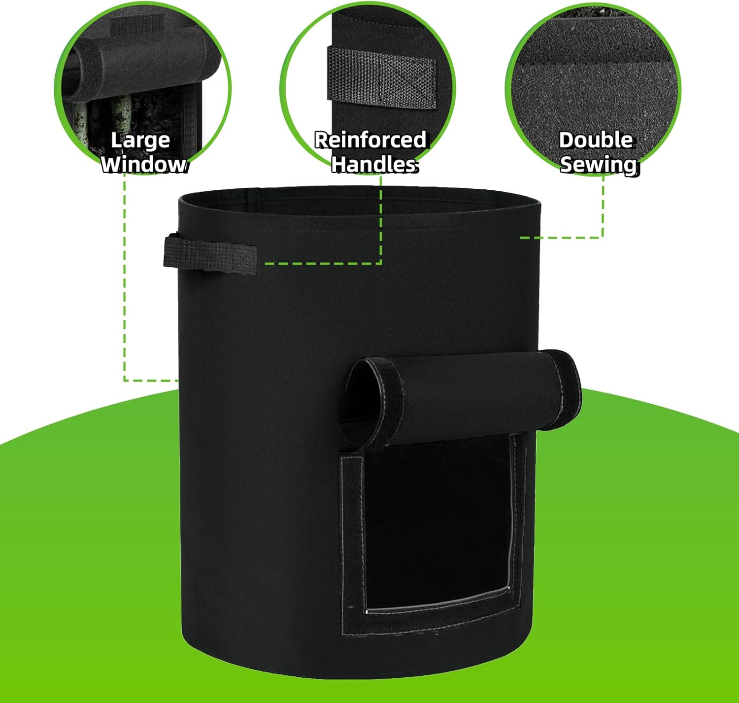 3 Pack Plant Grow Bags, Potato Grow Bags 10 Gallon with Viewing Window, Heavy Duty Thickened Nonwoven Fabric Pots with Handles, Large Plant Growing Bags Garden Grow Bags for Vegetables & Flowers image number 1