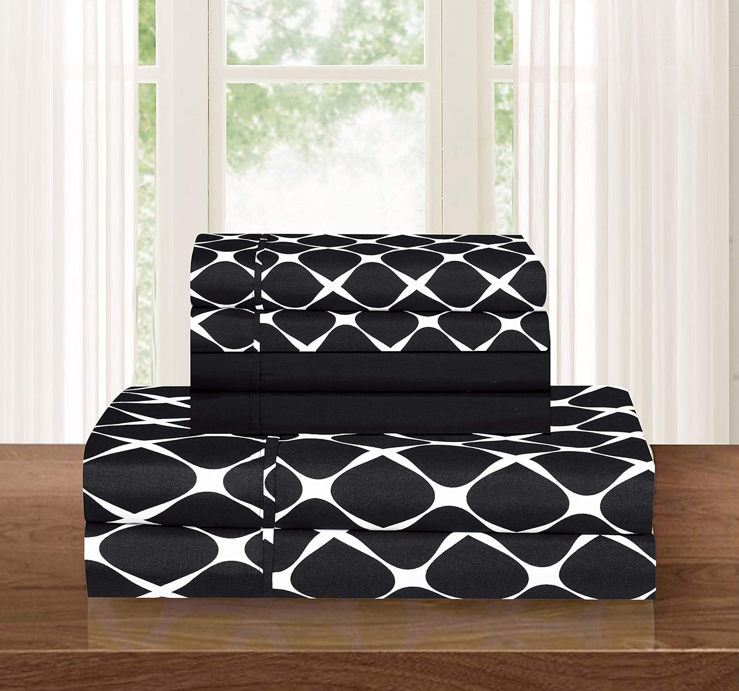 Elegant Comfort Luxury Softest and Coziest 6-Piece Bed Sheet Set, Wrinkle Resistant Milano Trellis Pattern - 1500 Thread Count Egyptian Quality Coziest Bedding Set, Black, King