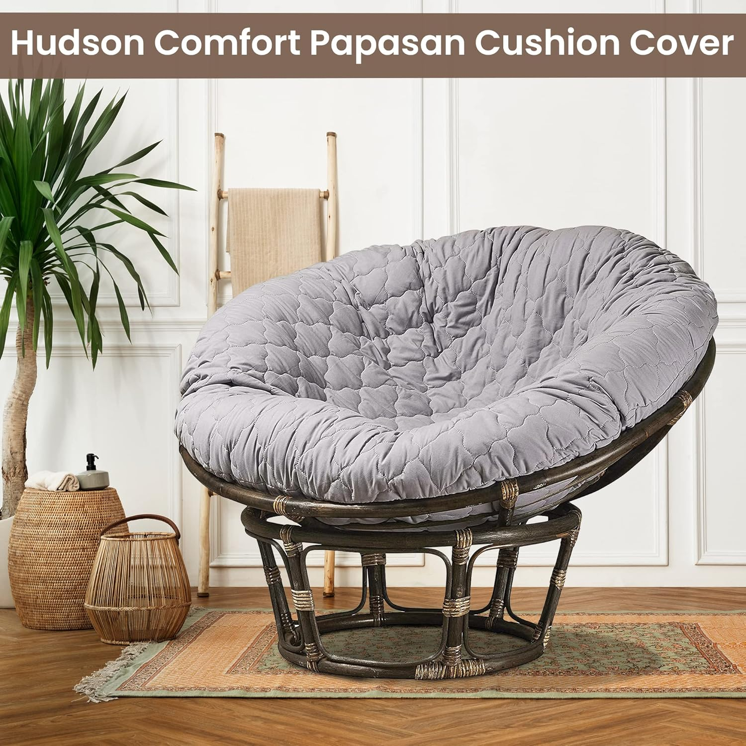 Hudson Comfort Papasan Cushion Cover - Quilted Shape, Soft Microfiber Fabric, Zippered Papasan Cushion Cover Only - 55 Inches (Fits a 50-55 Inch Papasan Cushion) Grey, 55 Inch (Fits a 50-52 Inch)
