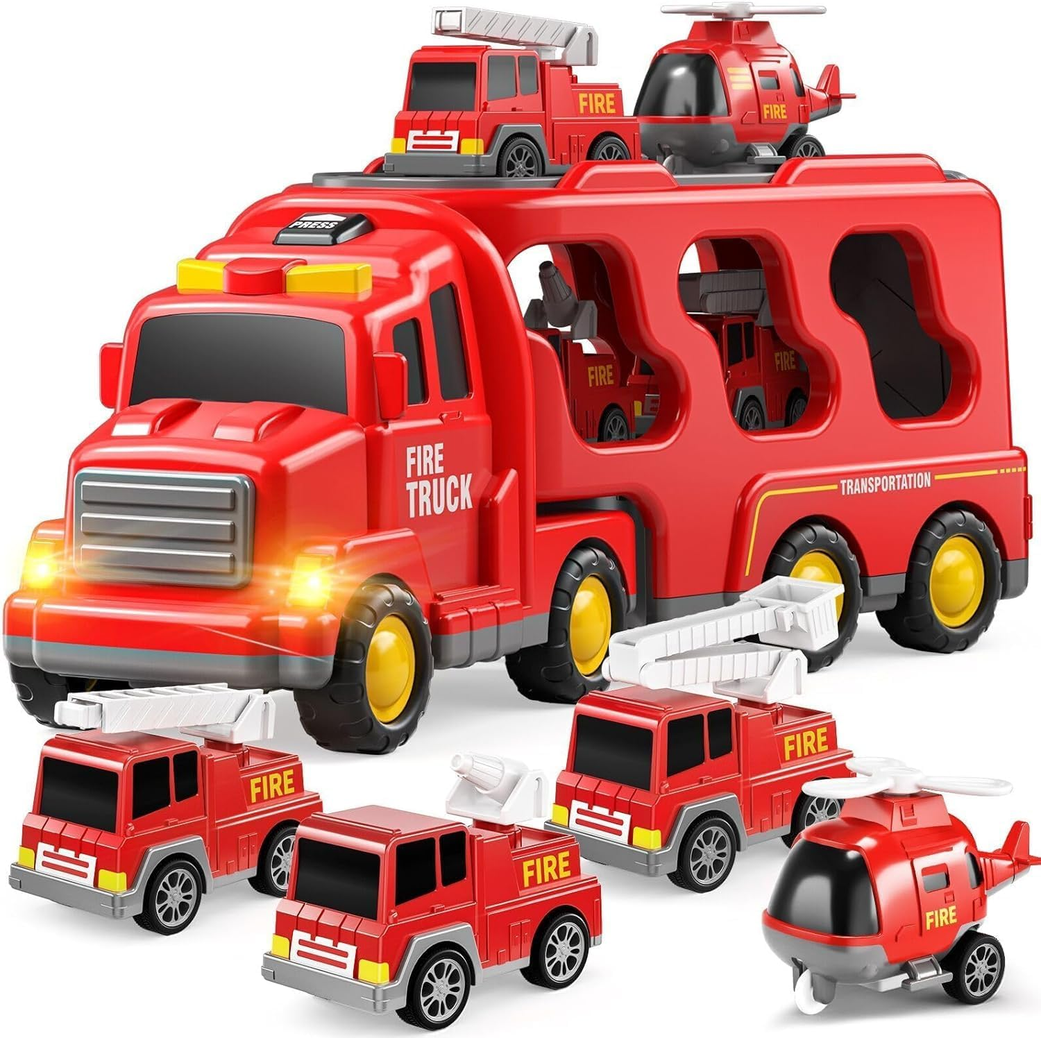 TEMI Fire Truck Toys for 2 3 4 5 6 Years Old Boys Girls - 5 in 1 Carrier Truck Transport for Toddlers 1-3, Friction Power Fire Engine Toys for Kids 3-5, Christmas Birthday Gifts image number 5